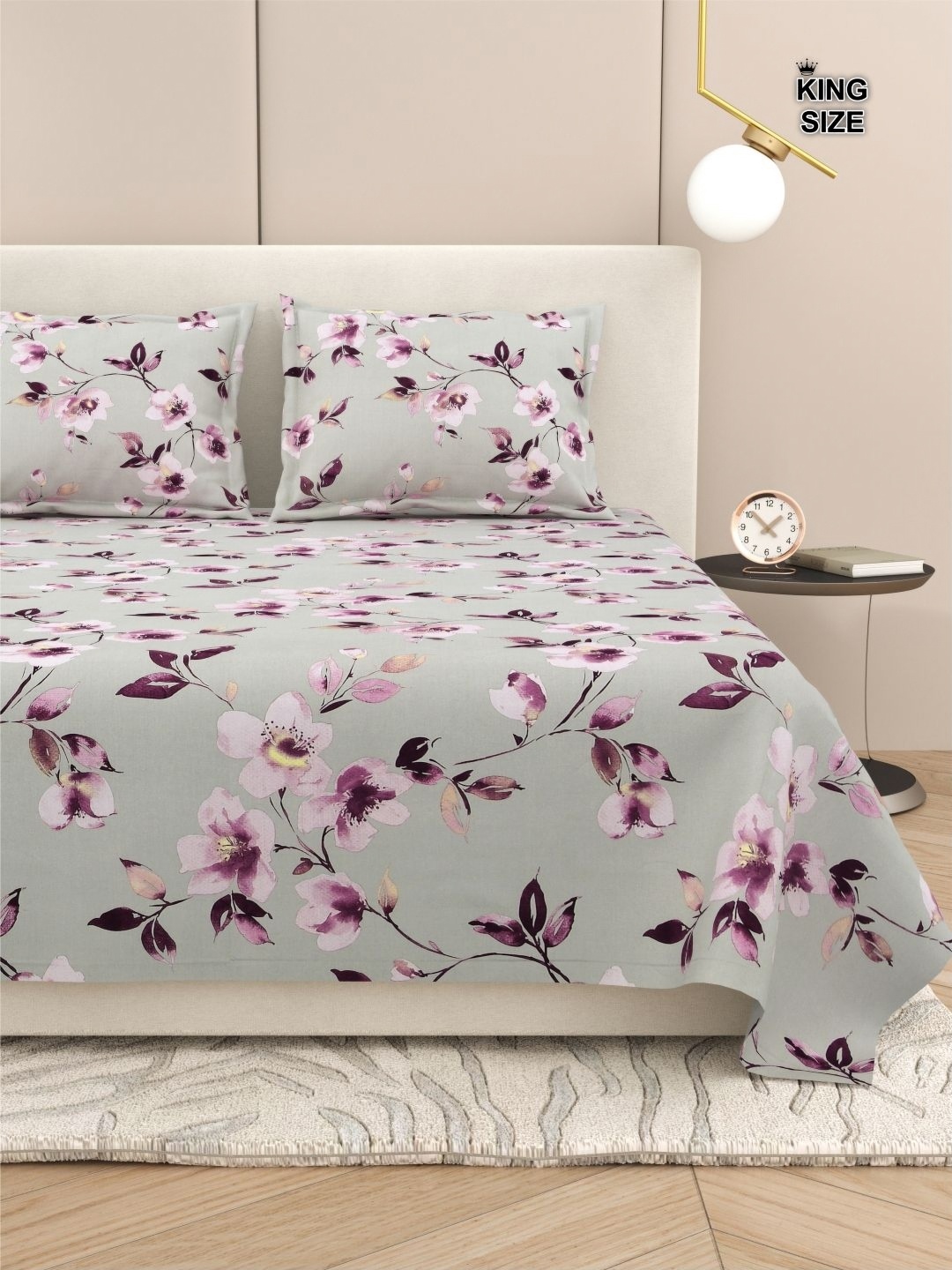 

DREAM WEAVERZ Floral King Size Bedsheet With 2 Pillow Cover, Grey