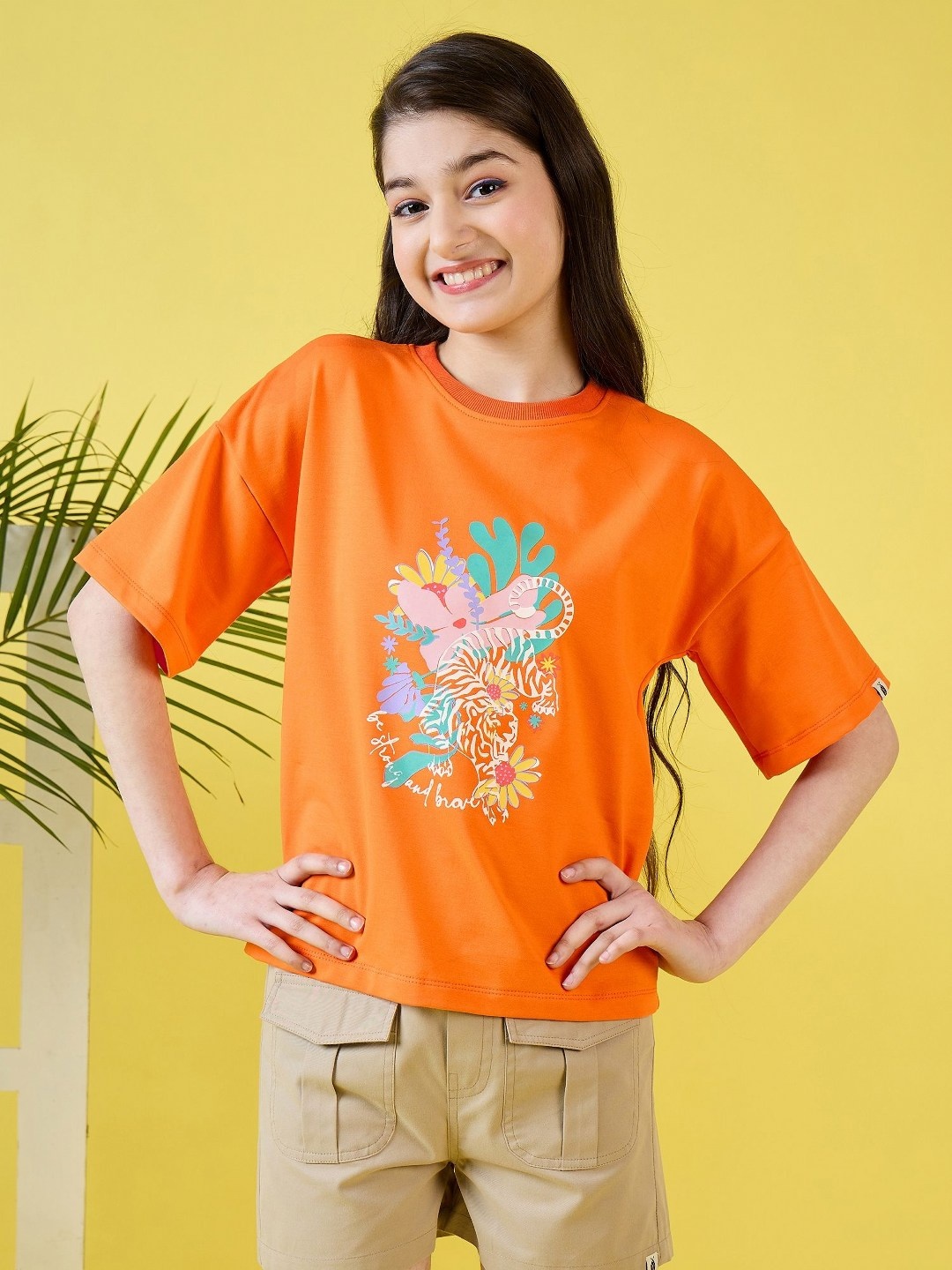 

Stylo Bug Girls Floral Printed Cotton Oversized T-shirt, Orange