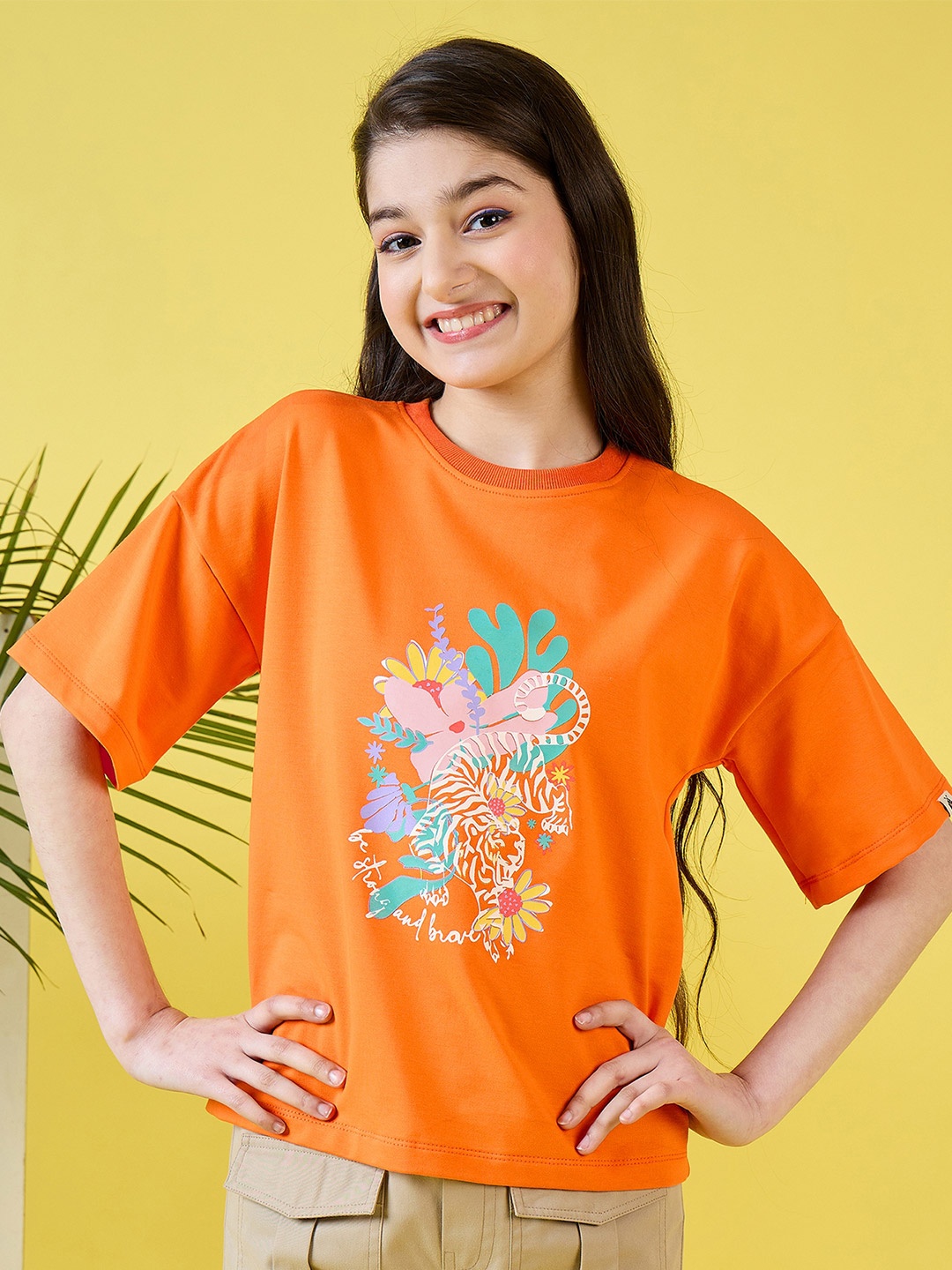 Stylo Bug Girls Floral Printed Cotton Oversized T-shirt, Orange