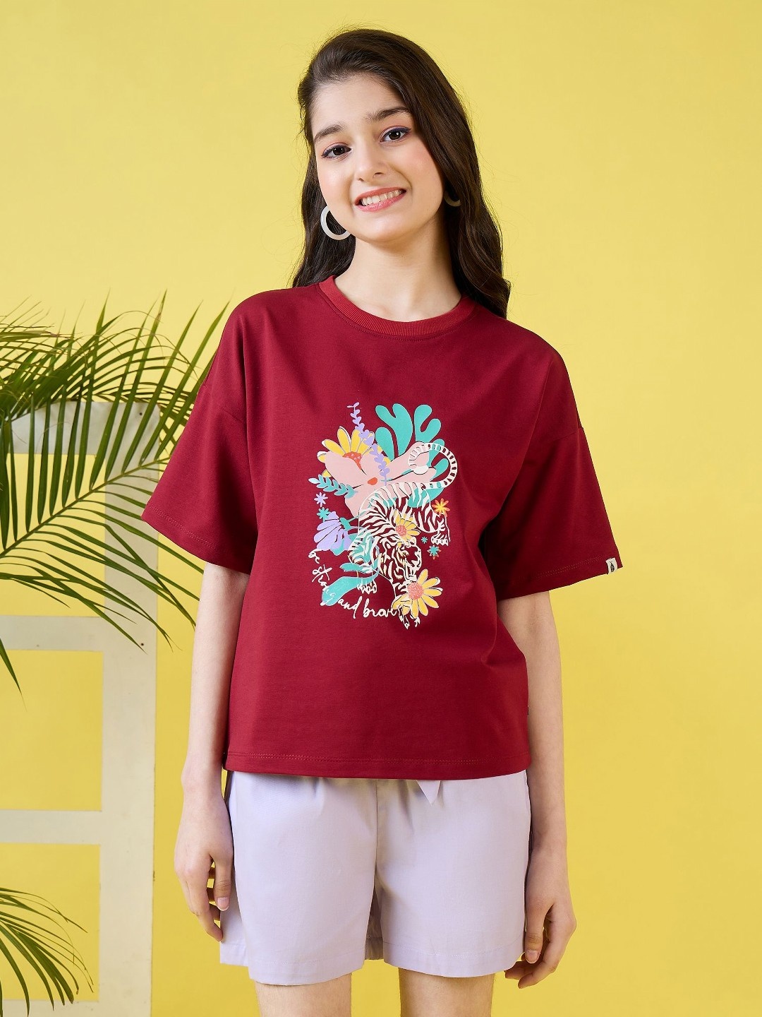 

Stylo Bug Girls Floral Printed Cotton Oversized T-shirt, Maroon