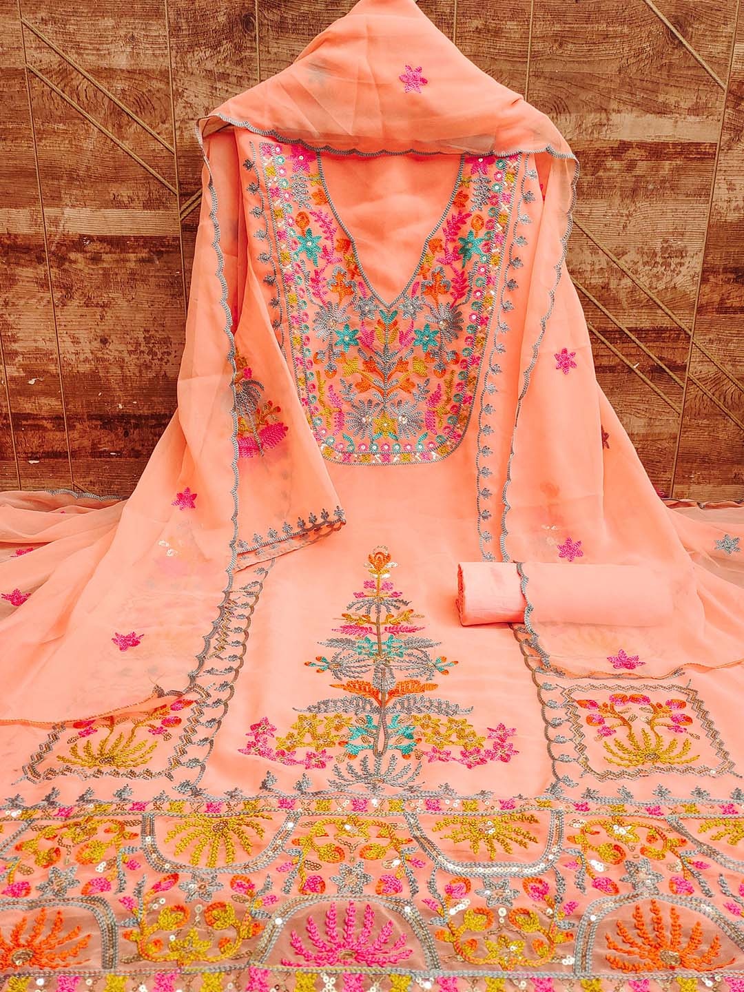 

KALINI Embroidered Silk Georgette Unstitched Dress Material, Peach