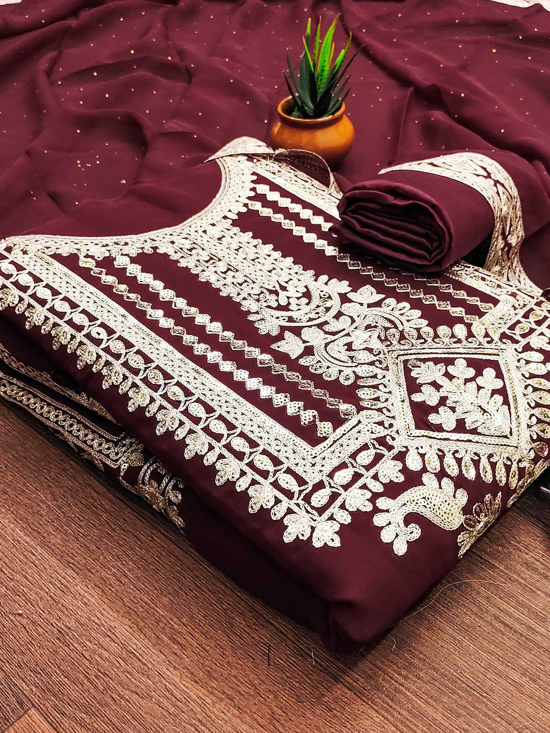 

KALINI Ethnic Motifs Embroidered Zari Work Georgette Unstitched Dress Material, Maroon