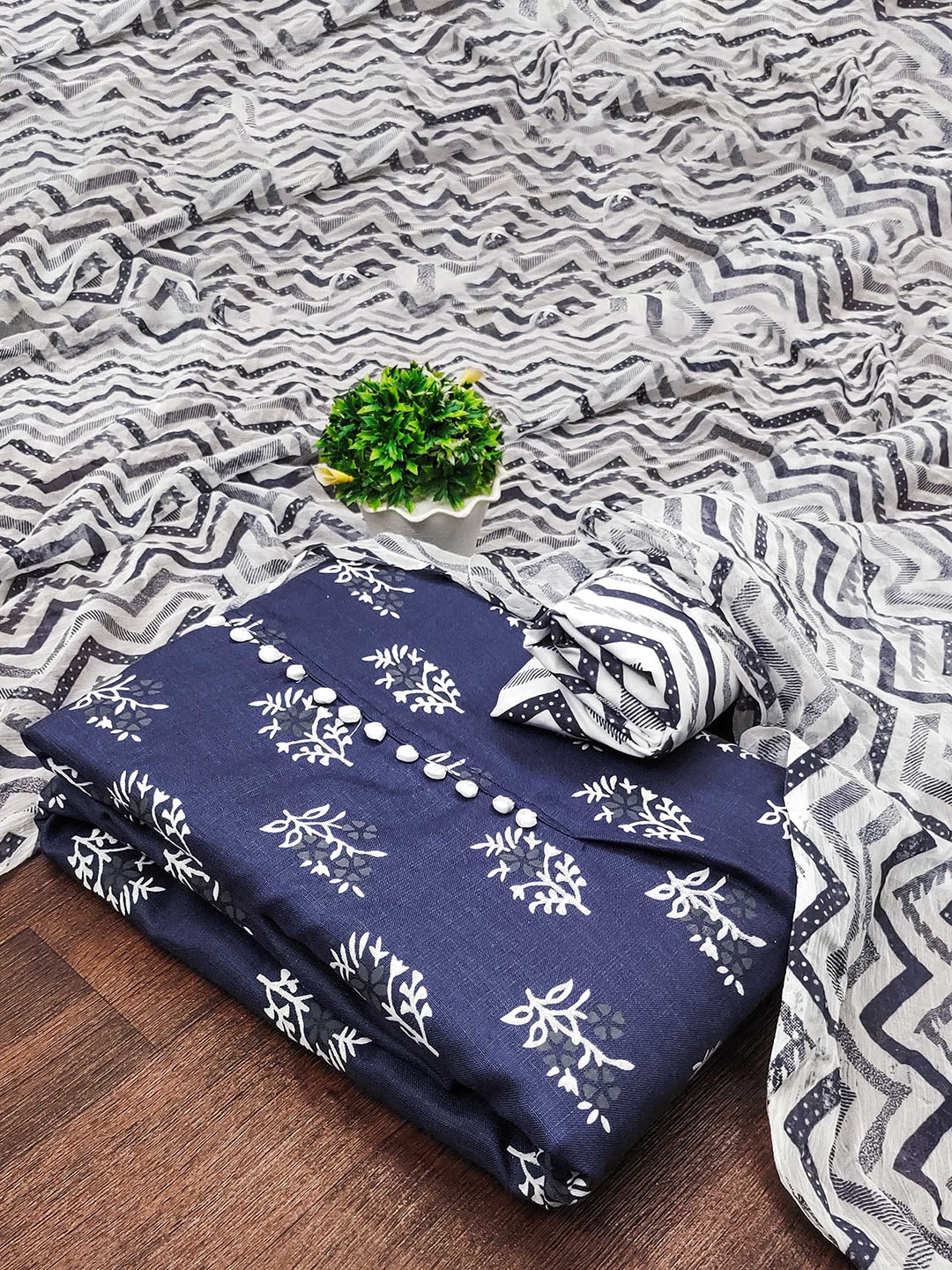 

KALINI Floral Printed Unstitched Dress Material, Navy blue