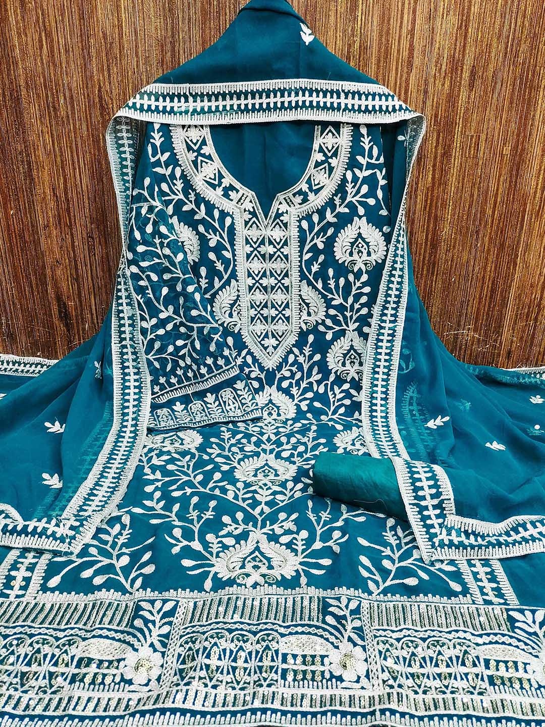 

KALINI Ethnic Motifs Embroidered Sequinned Silk Georgette Unstitched Dress Material, Sea green