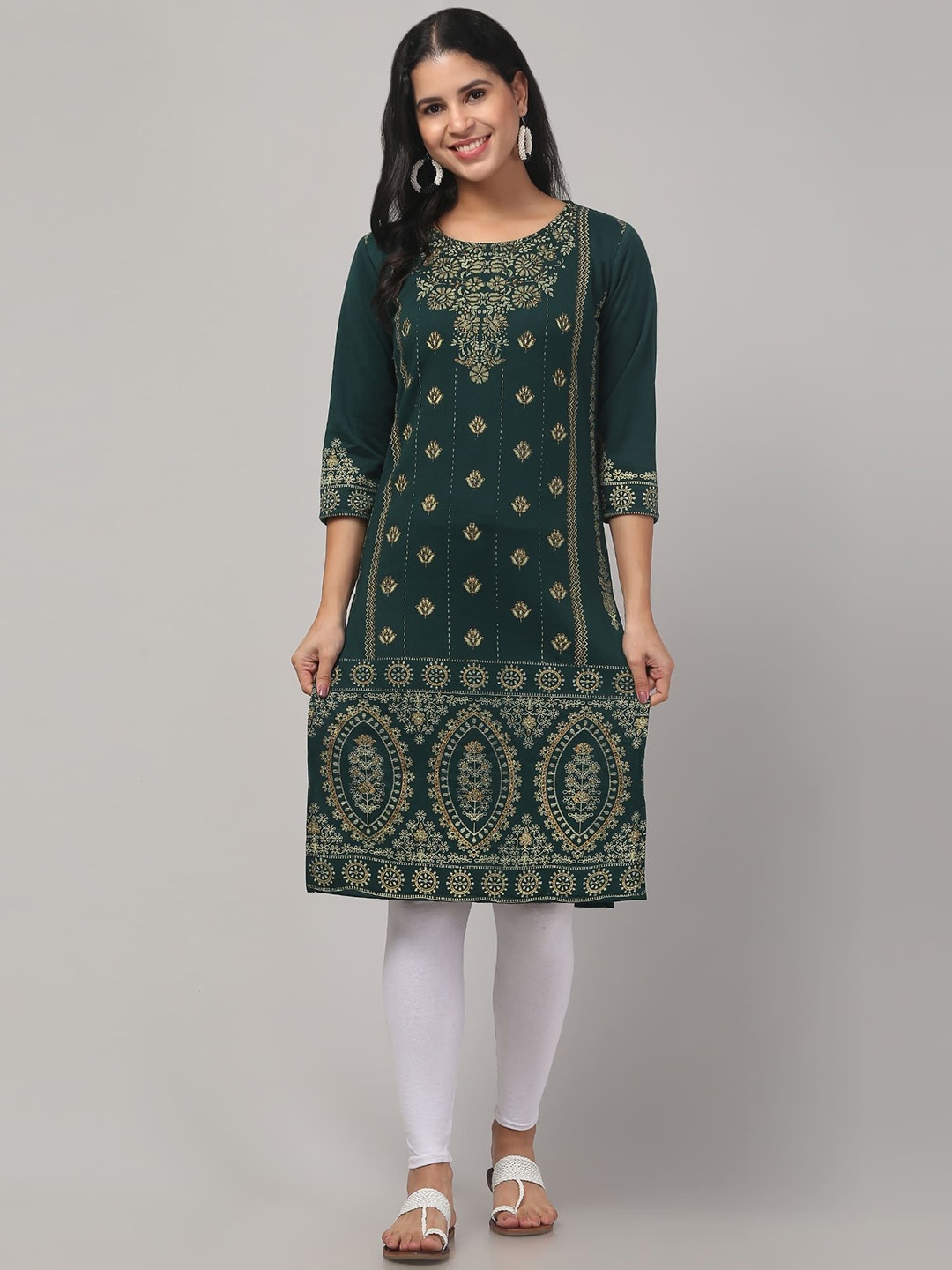 

FAMBEE Floral Woven Design Round Neck Woollen Straight Kurta, Green