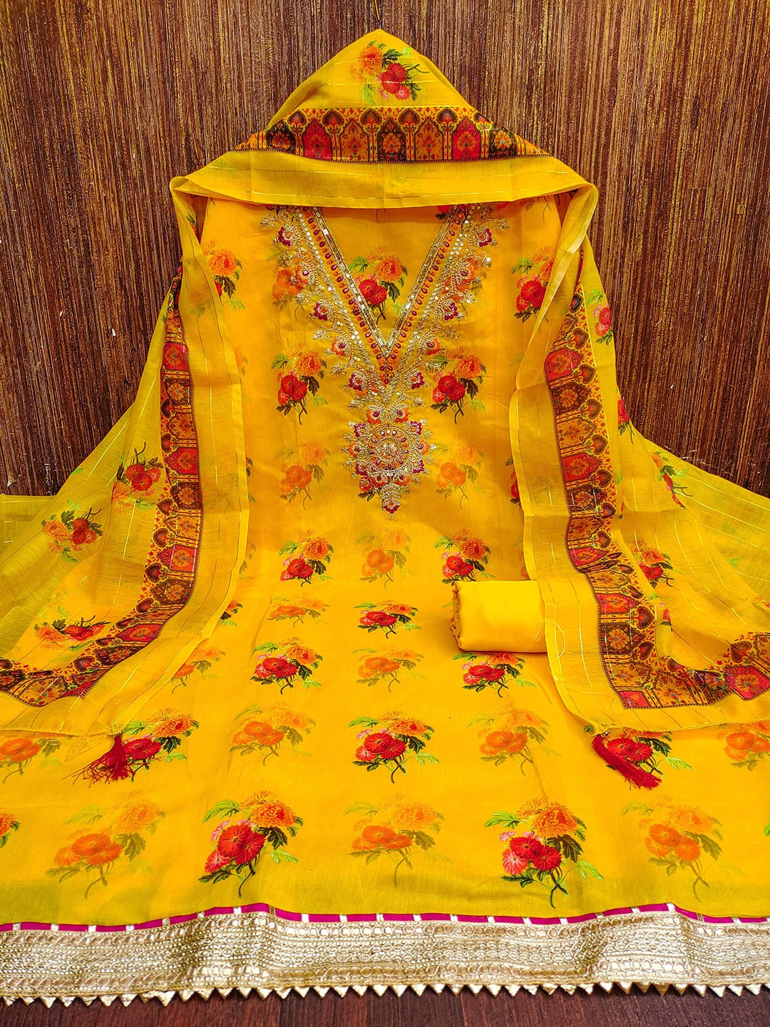 

KALINI Printed Silk Georgette Unstitched Dress Material, Yellow