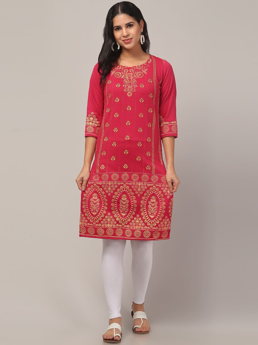 

FAMBEE Floral Woven Design Round Neck Woollen Straight Kurta, Red