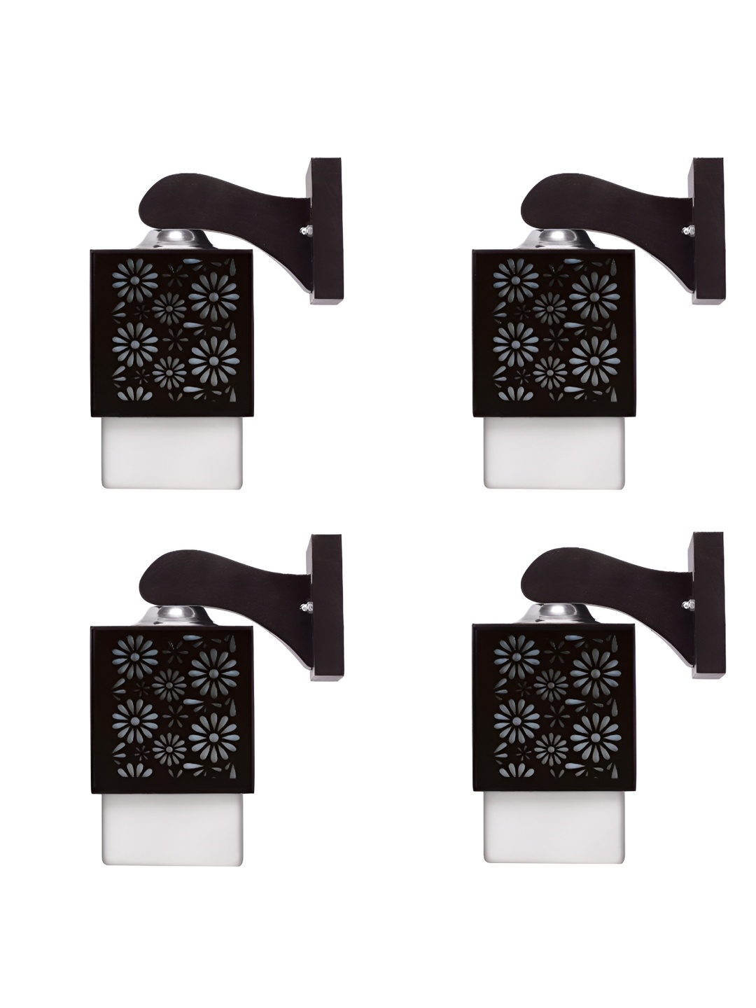 

Gojeeva Black & White 4 Pieces Floral Textured Square Shaped Wooden Wall Lamps