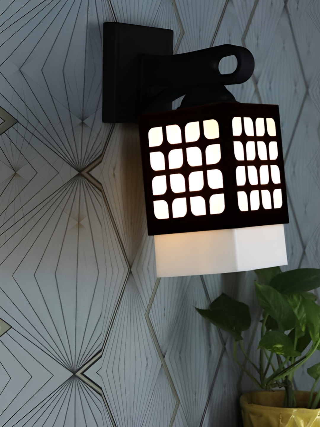 

Gojeeva Black & White Textured Rectangle Shaped Wooden Wall Lamp