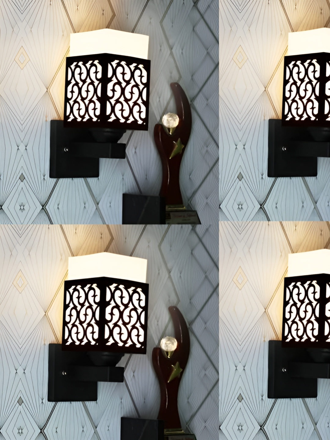 

Gojeeva Black & White 4 Pieces Textured Wooden Rectangle Shaped Wall Lamps