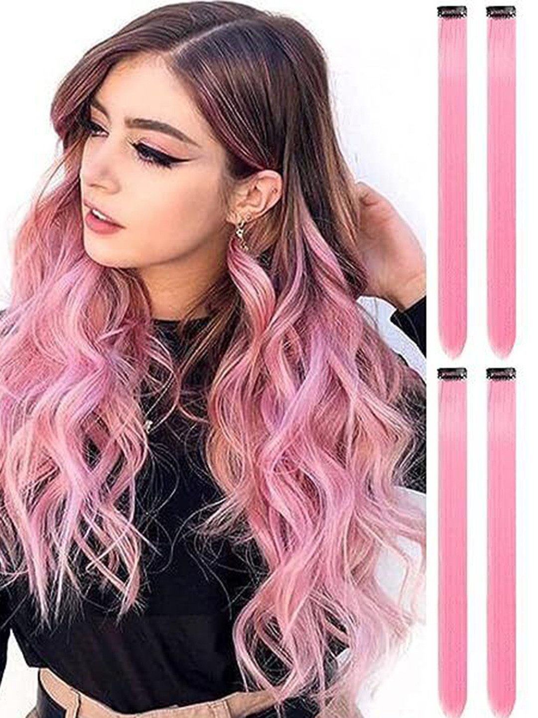

CRIBE Set Of 4 Clip In Curly Colored Strand Hair Extension - Light Pink - 22 Inch Each