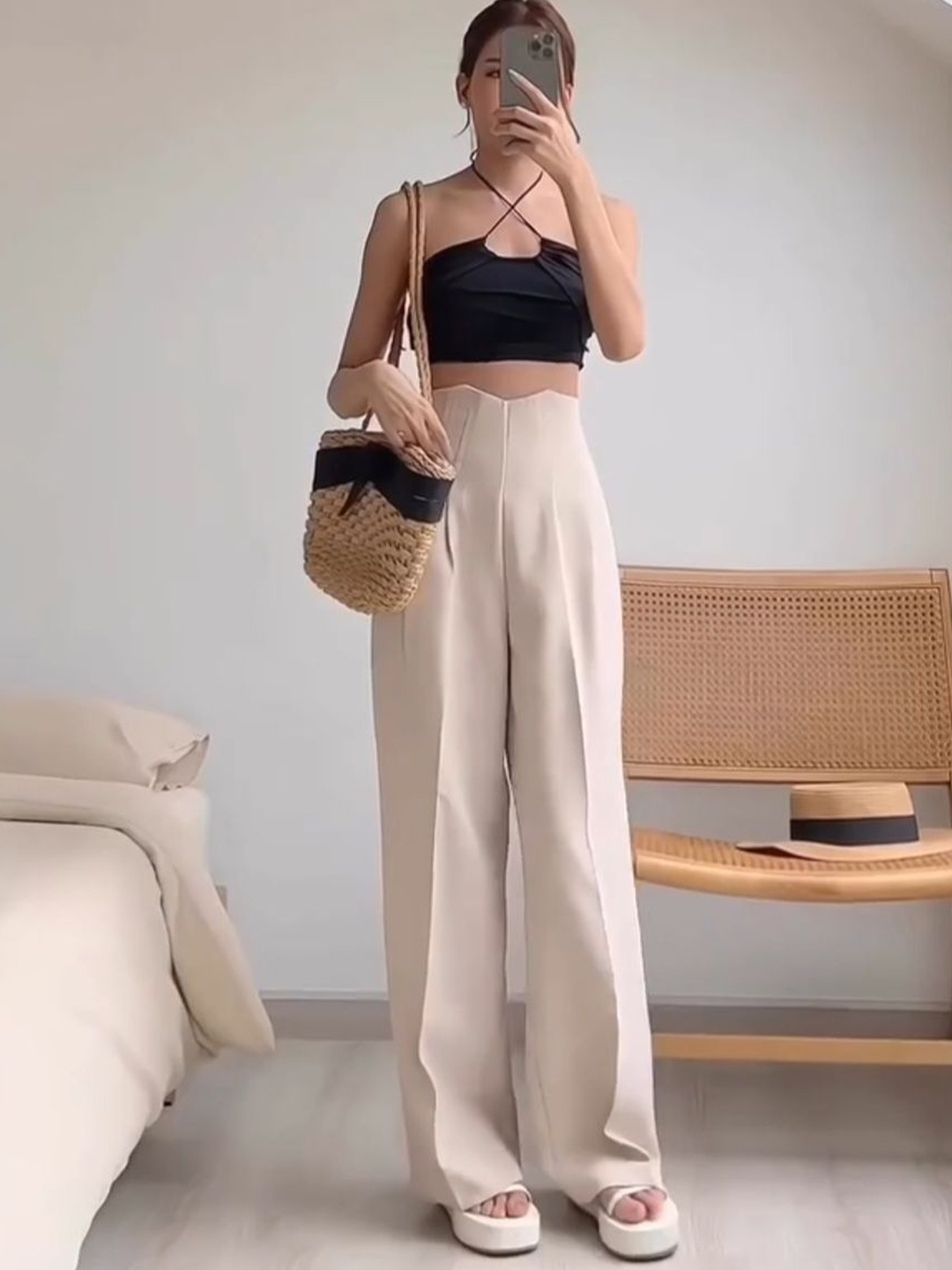 

HIGH BUY Women Cotton Comfort Loose Fit High-Rise Trousers, Beige