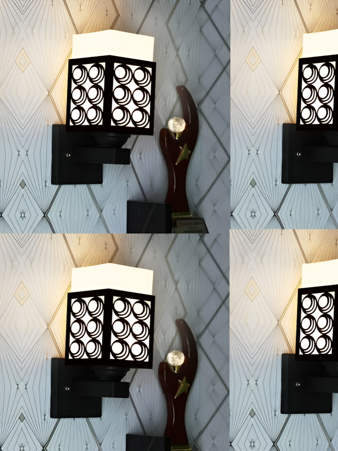 

Gojeeva Black & White 4 Pieces Textured Wooden Rectangle Shaped Wall Lamps