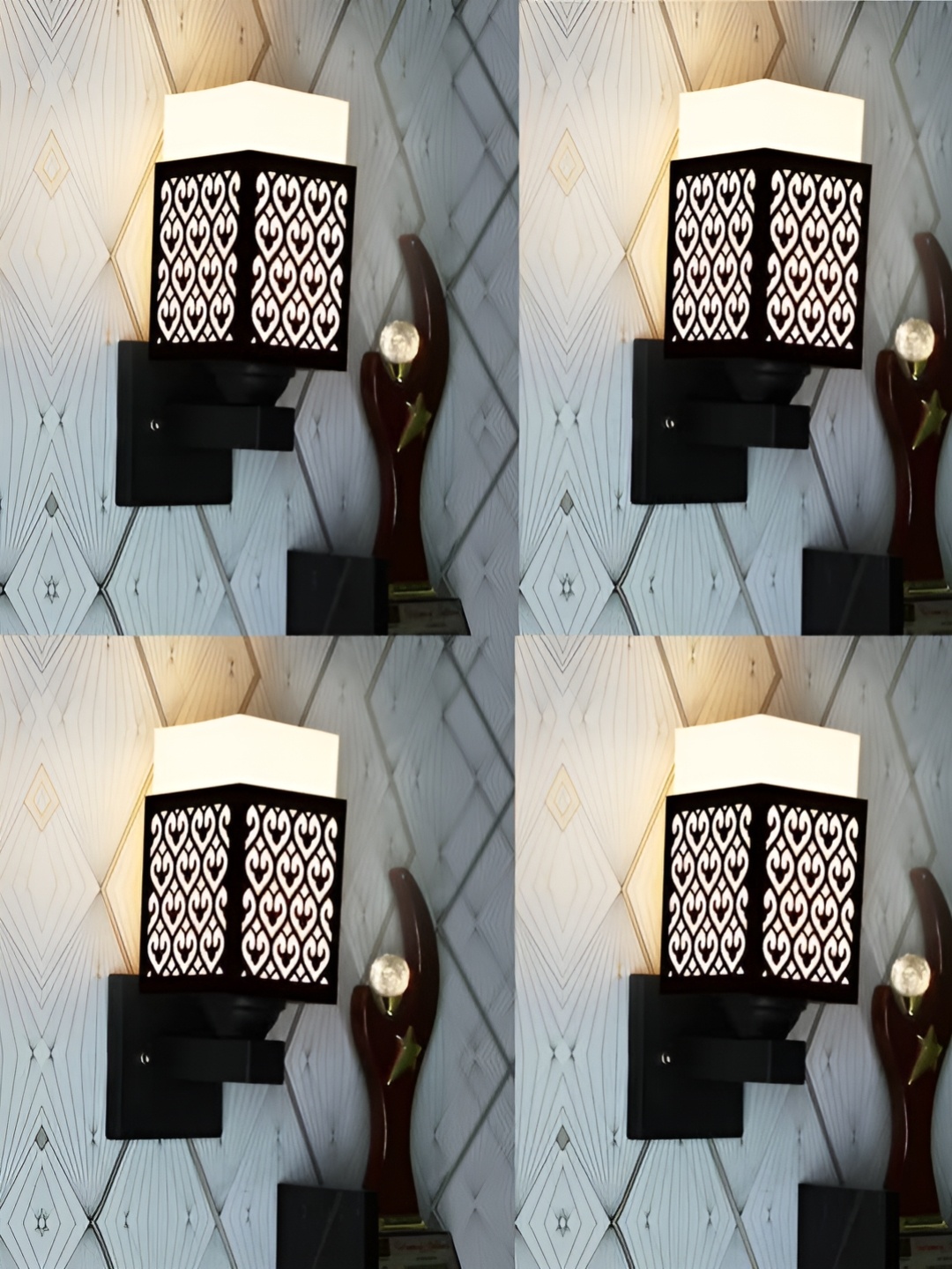 

Gojeeva Black & White 4 Pieces Textured Wooden Rectangle Shaped Wall Lamps