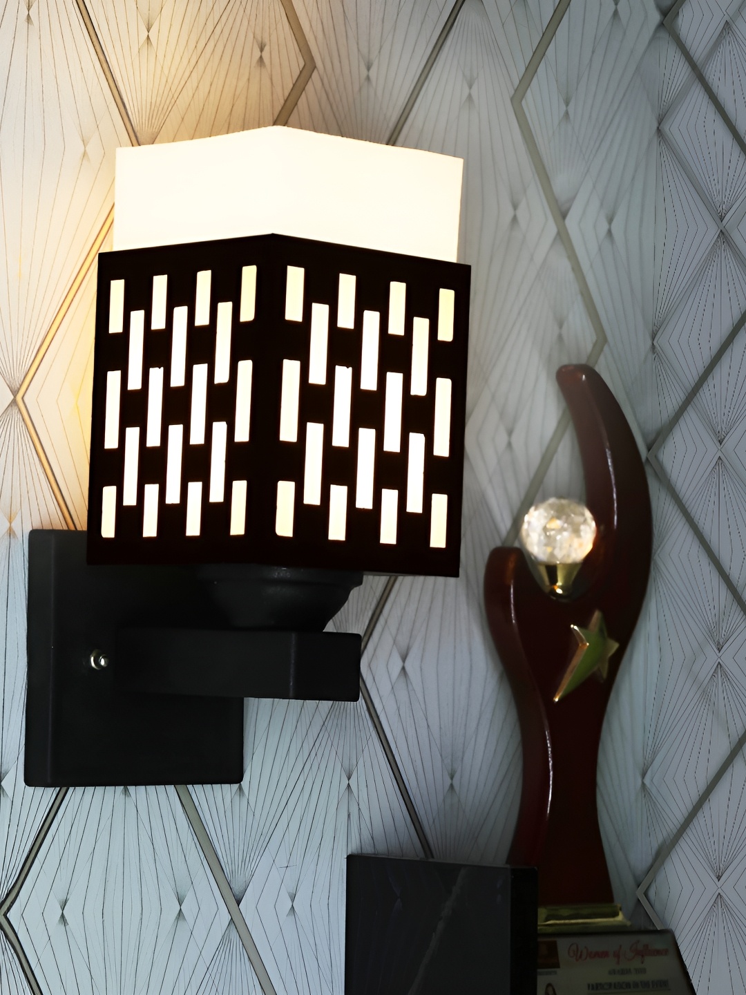 

Gojeeva Black and White Textured Wooden Square Shaped Wall Lamp