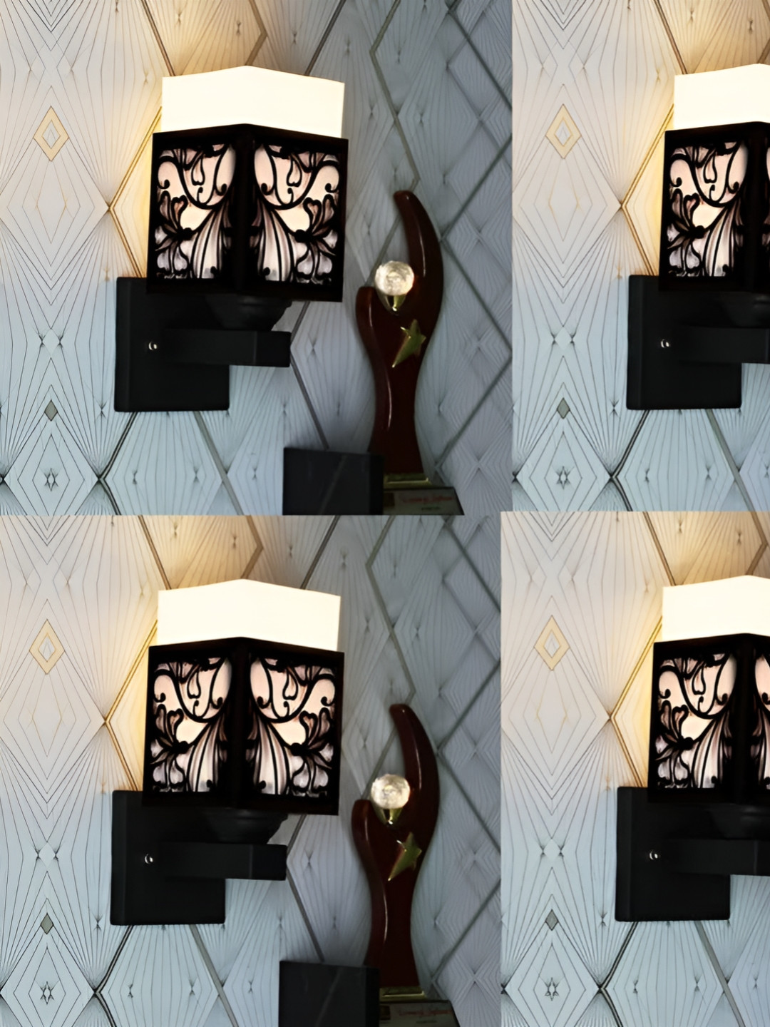 

Gojeeva Black & White 4 Pieces Textured Wooden Rectangle Shaped Wall Lamps