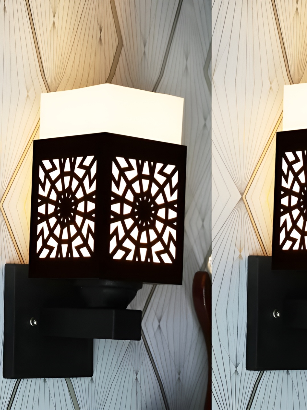 

Gojeeva Black & White 2 Pieces Textured Square Shaped Wooden Wall Lamps