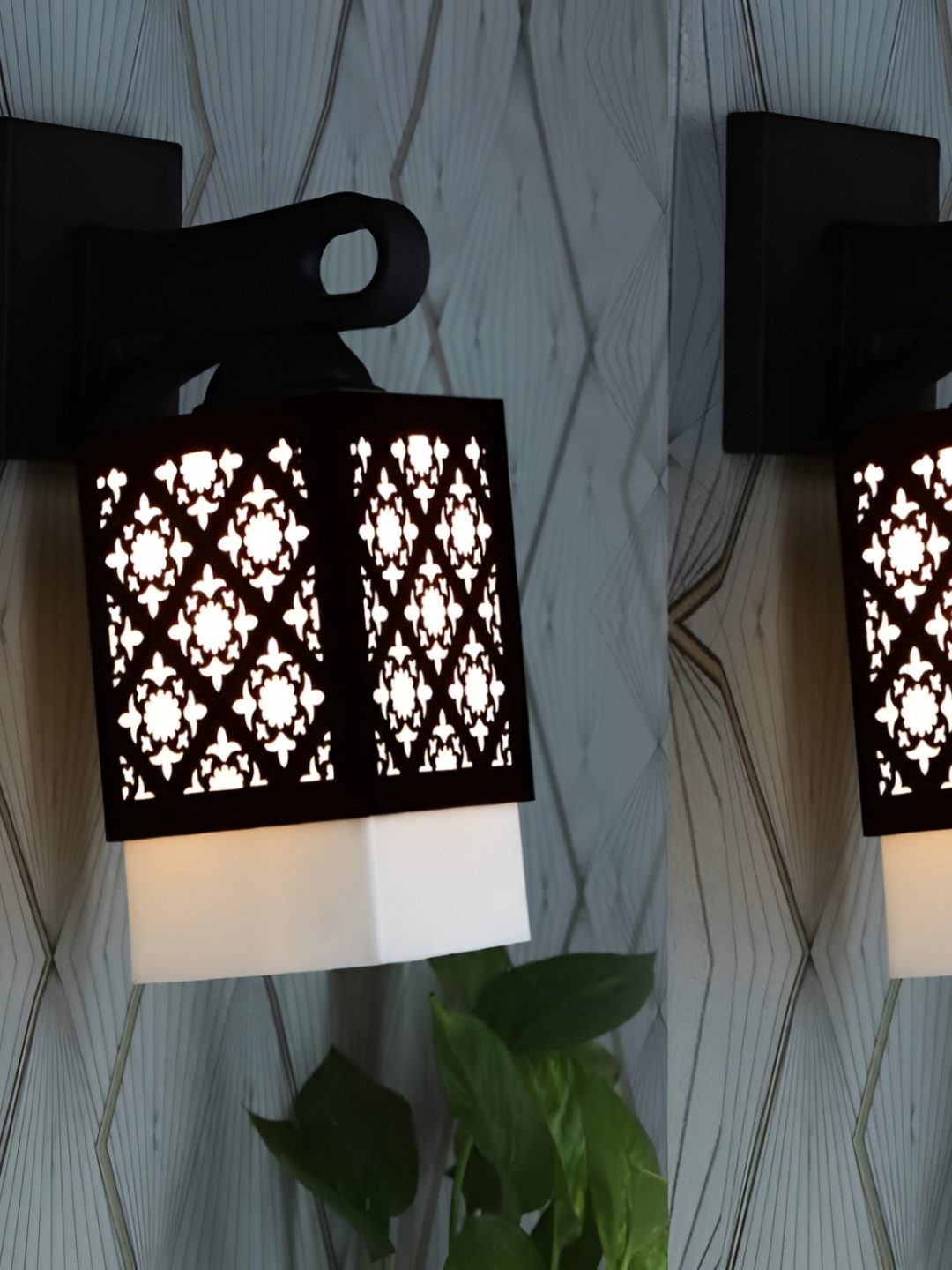 

Gojeeva Black & White 2 Pieces Floral Textured Square Shaped Wooden Wall Lamps