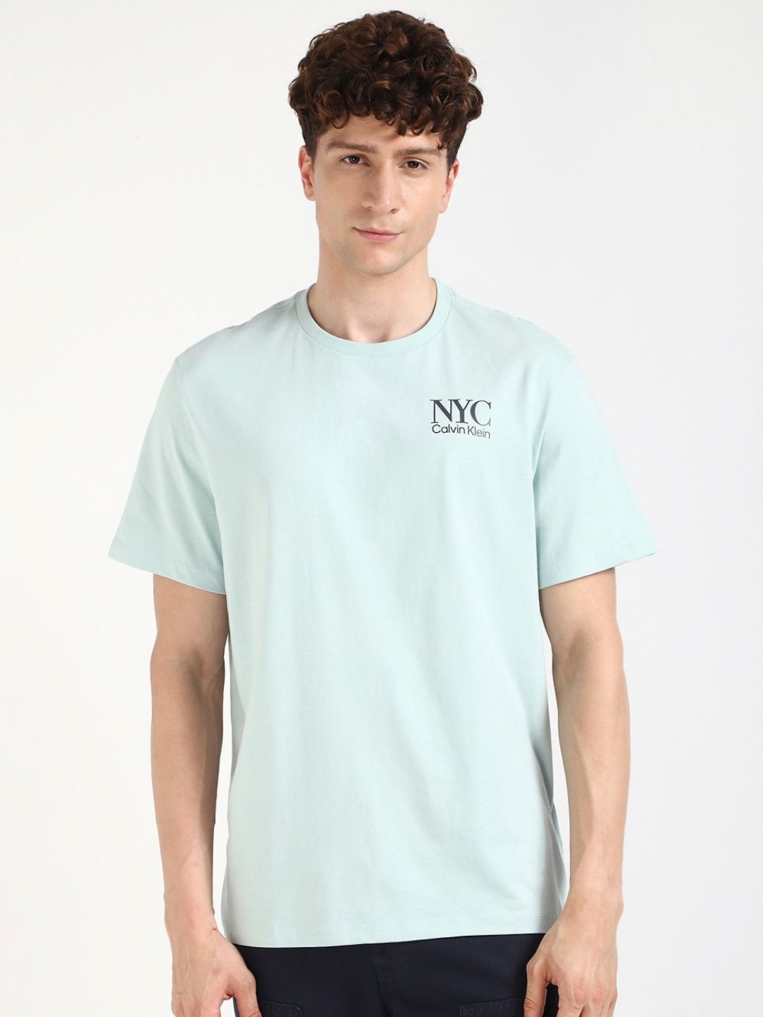 

Calvin Klein Jeans Men Typography Printed Round Neck Cotton T-shirt, Blue