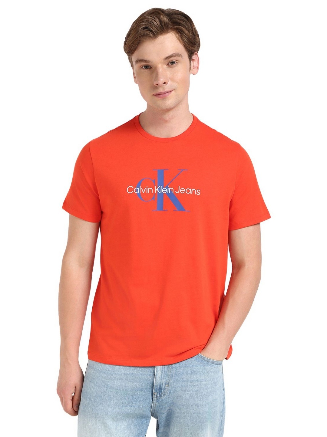

Calvin Klein Jeans Men Typography Printed Round Neck Cotton T-shirt, Red