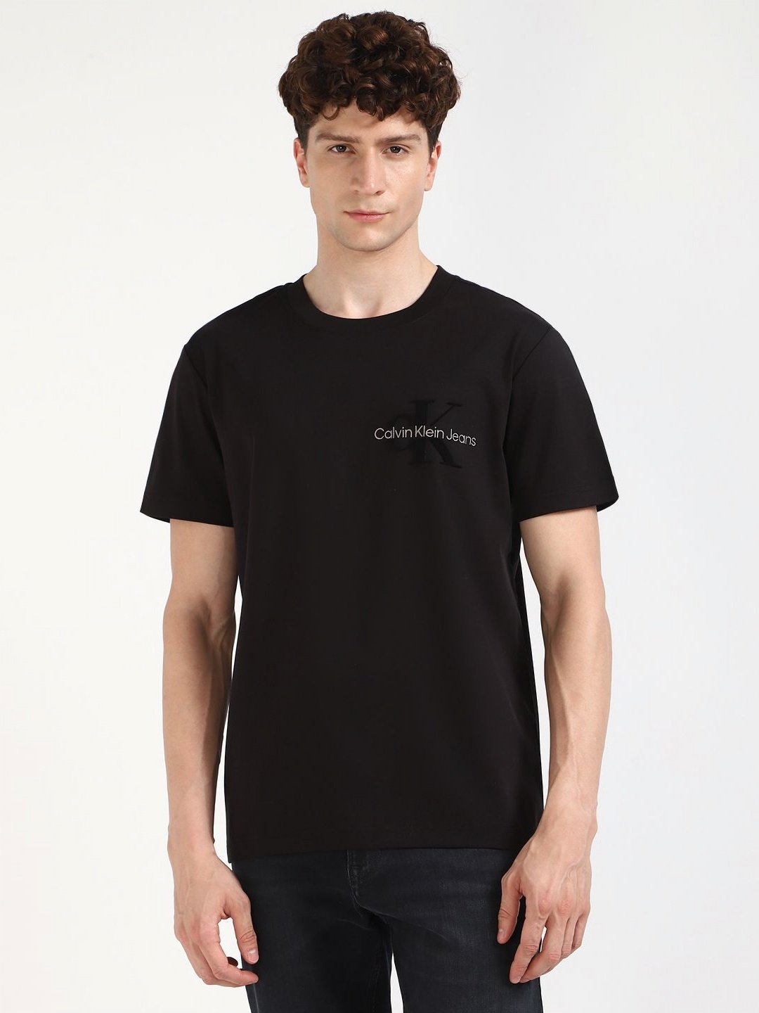 

Calvin Klein Jeans Men Typography Printed Round Neck Cotton T-shirt, Black