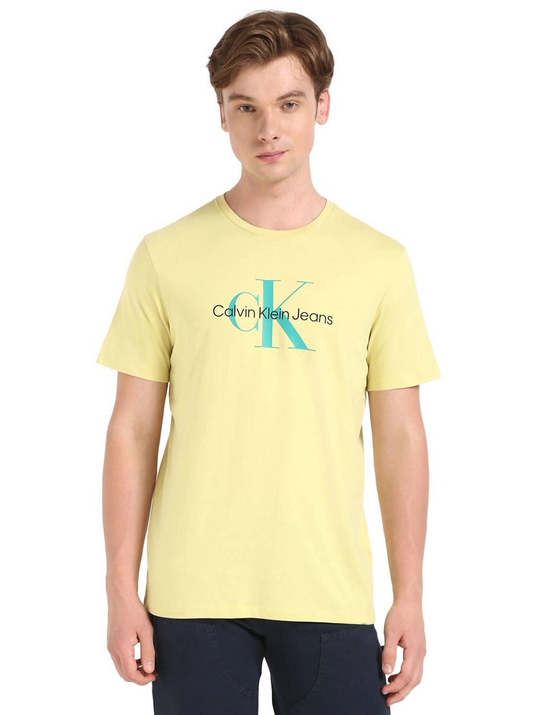 

Calvin Klein Jeans Men Typography Printed Round Neck Cotton T-shirt, Yellow