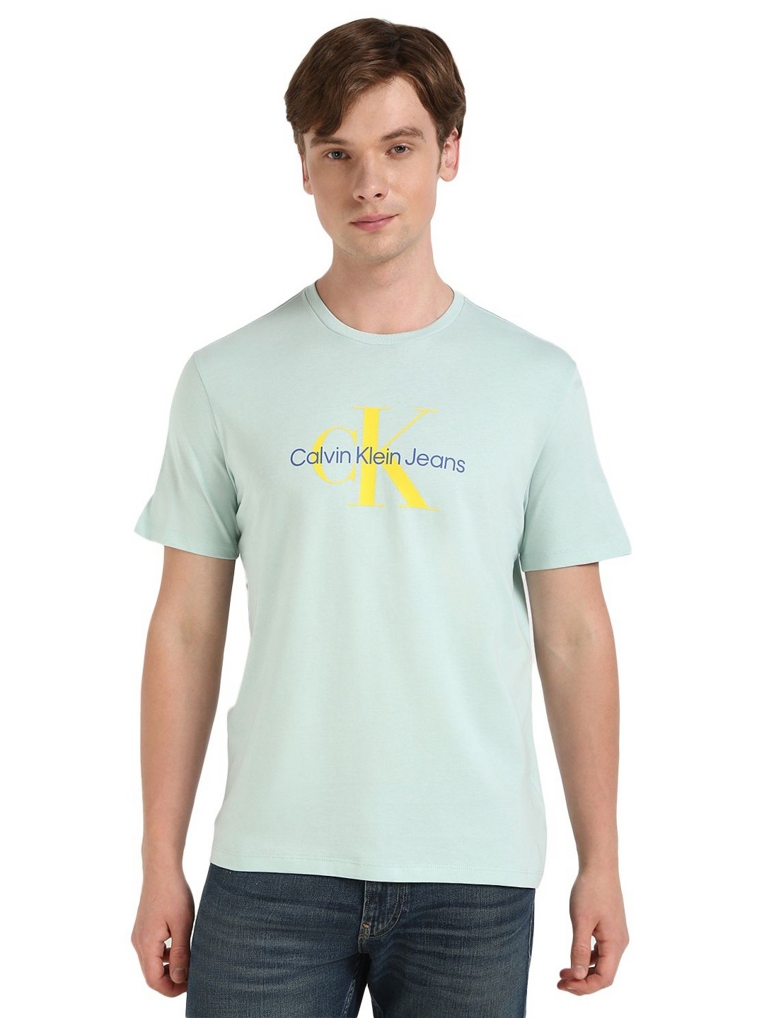 

Calvin Klein Jeans Men Typography Printed Round Neck Cotton T-shirt, Blue
