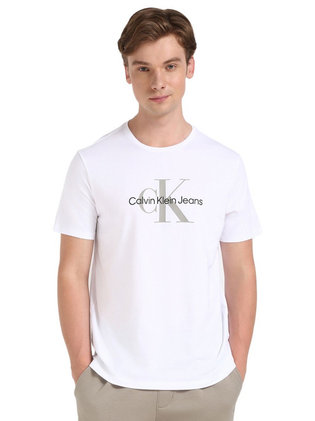 

Calvin Klein Jeans Men Typography Printed Round Neck Cotton T-shirt, White
