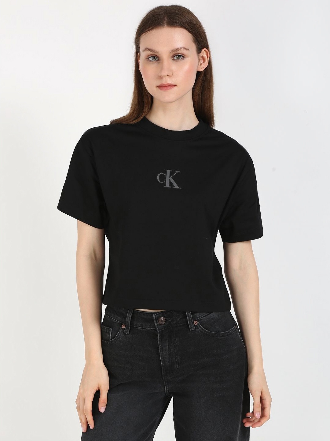 Calvin Klein Jeans Women Typography Printed Round Neck Cotton T-shirt, Black