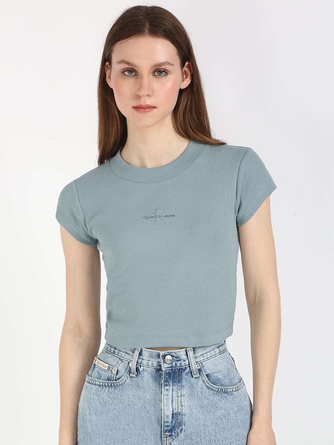 

Calvin Klein Jeans Women Typography Printed Round Neck Cotton T-shirt, Grey
