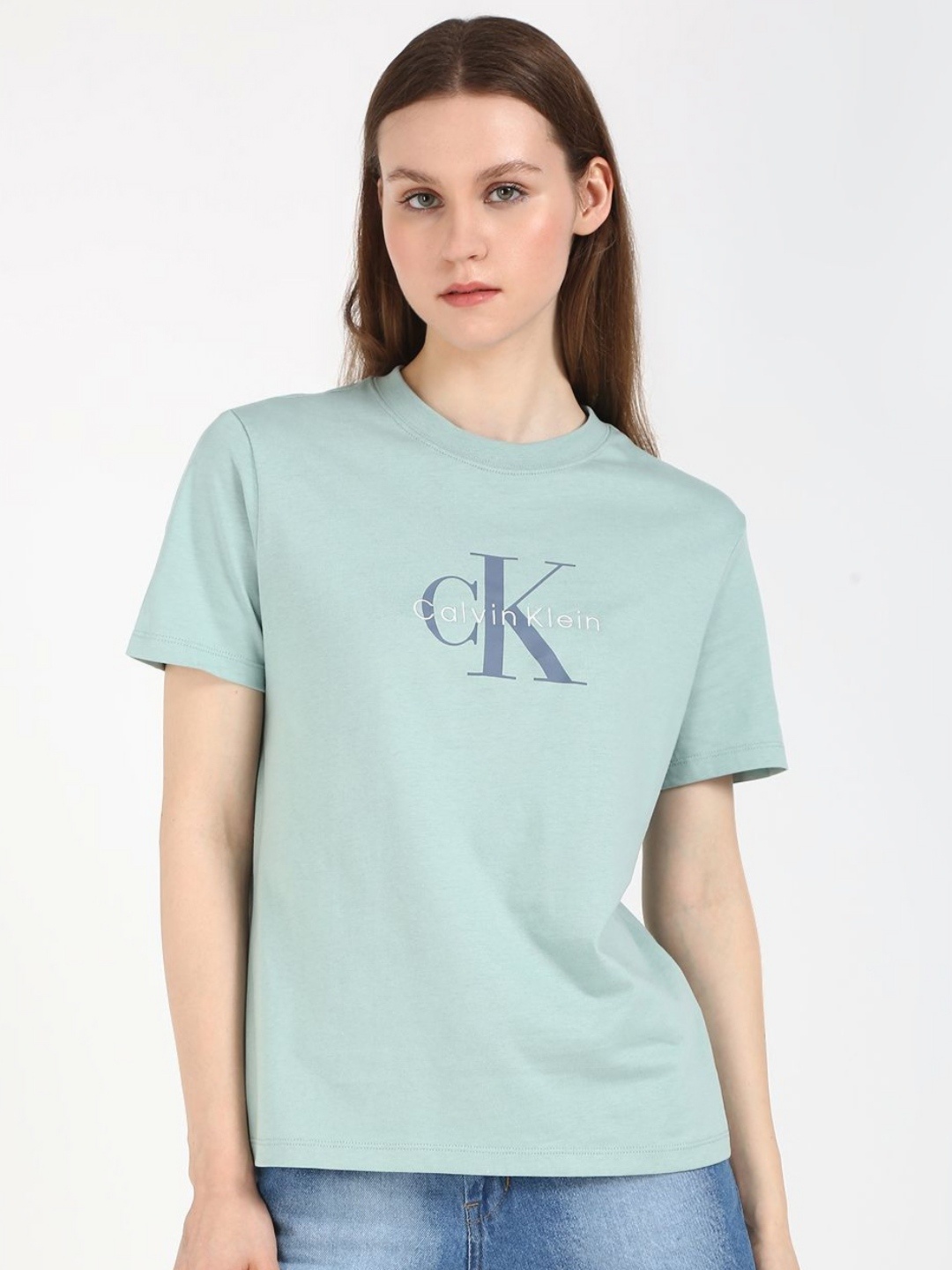 

Calvin Klein Jeans Women Typography Printed Round Neck Cotton T-shirt, Blue