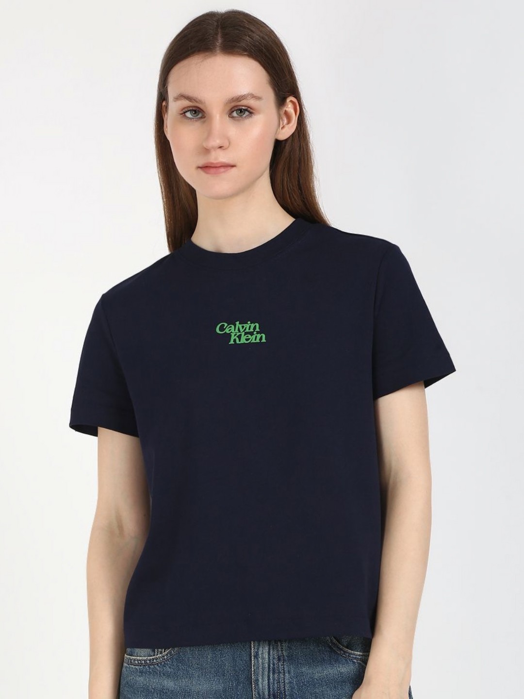 

Calvin Klein Jeans Women Typography Printed Round Neck Cotton T-shirt, Blue