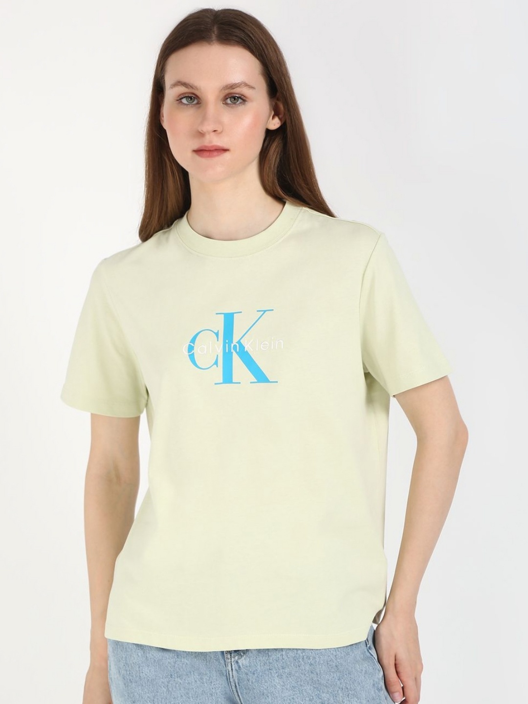 Calvin Klein Jeans Women Typography Printed Round Neck Cotton T-shirt, Green