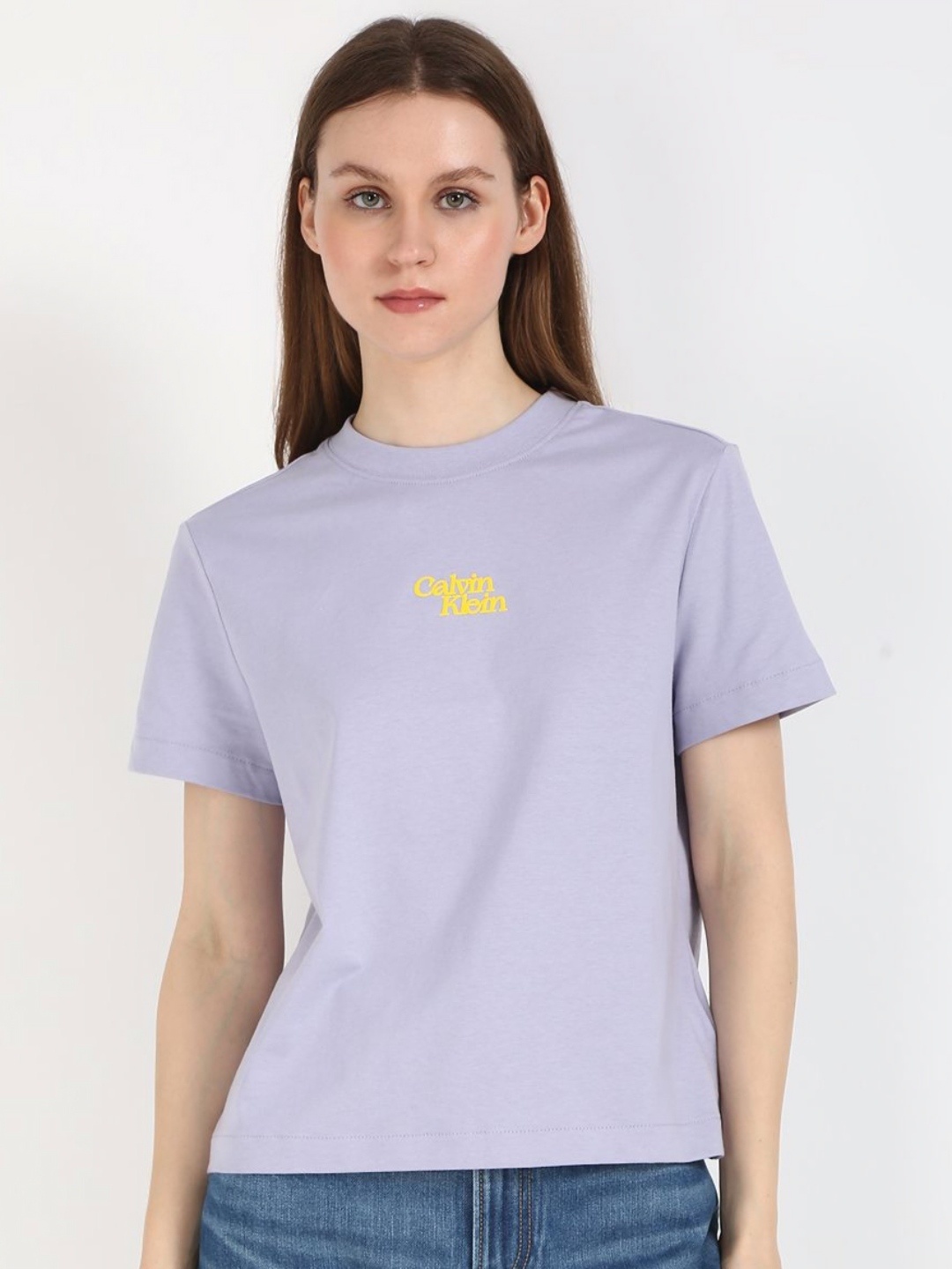 

Calvin Klein Jeans Women Typography Printed Round Neck Cotton T-shirt, Lavender