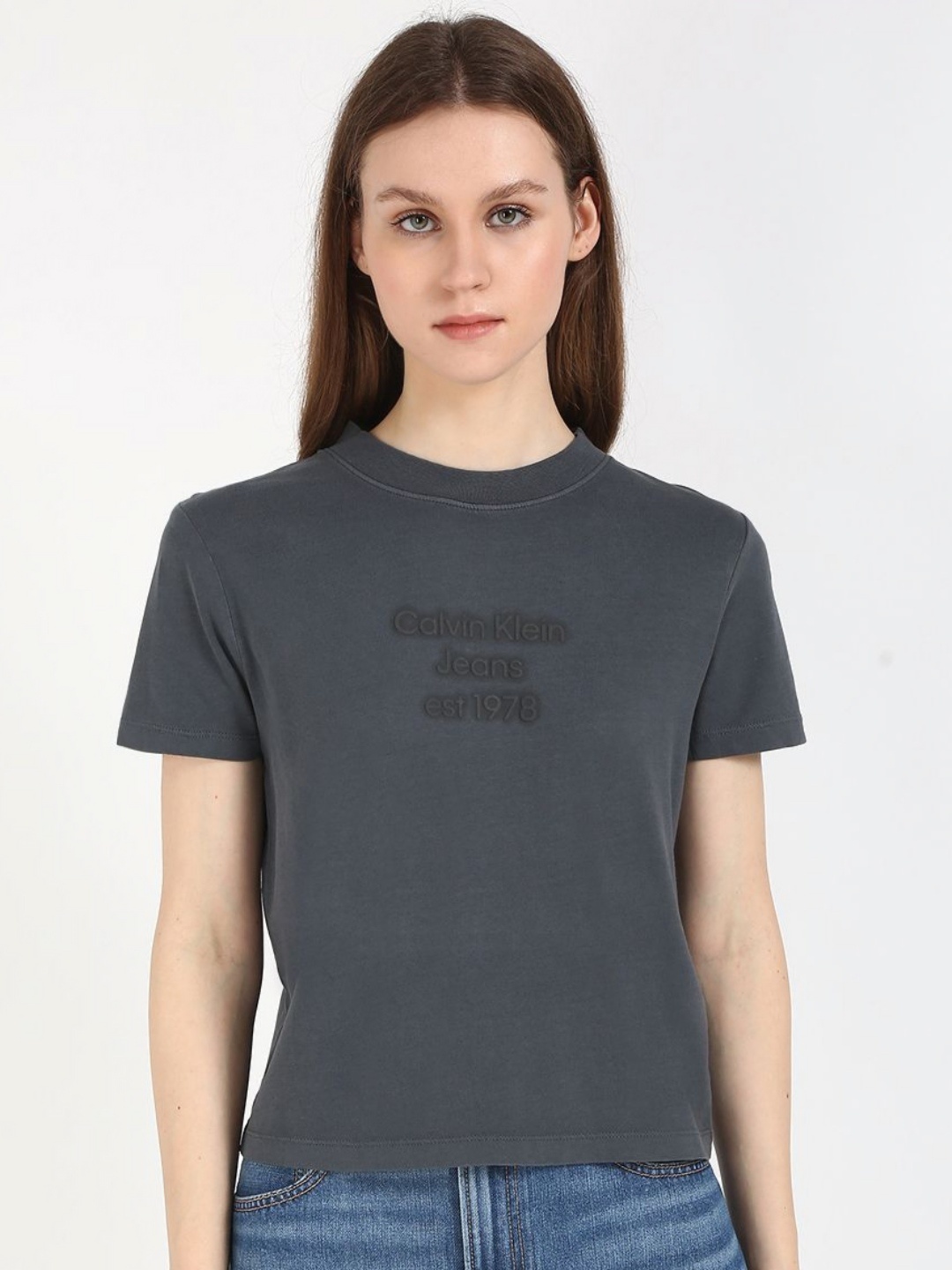 

Calvin Klein Jeans Women Typography Printed Round Neck Cotton T-shirt, Grey