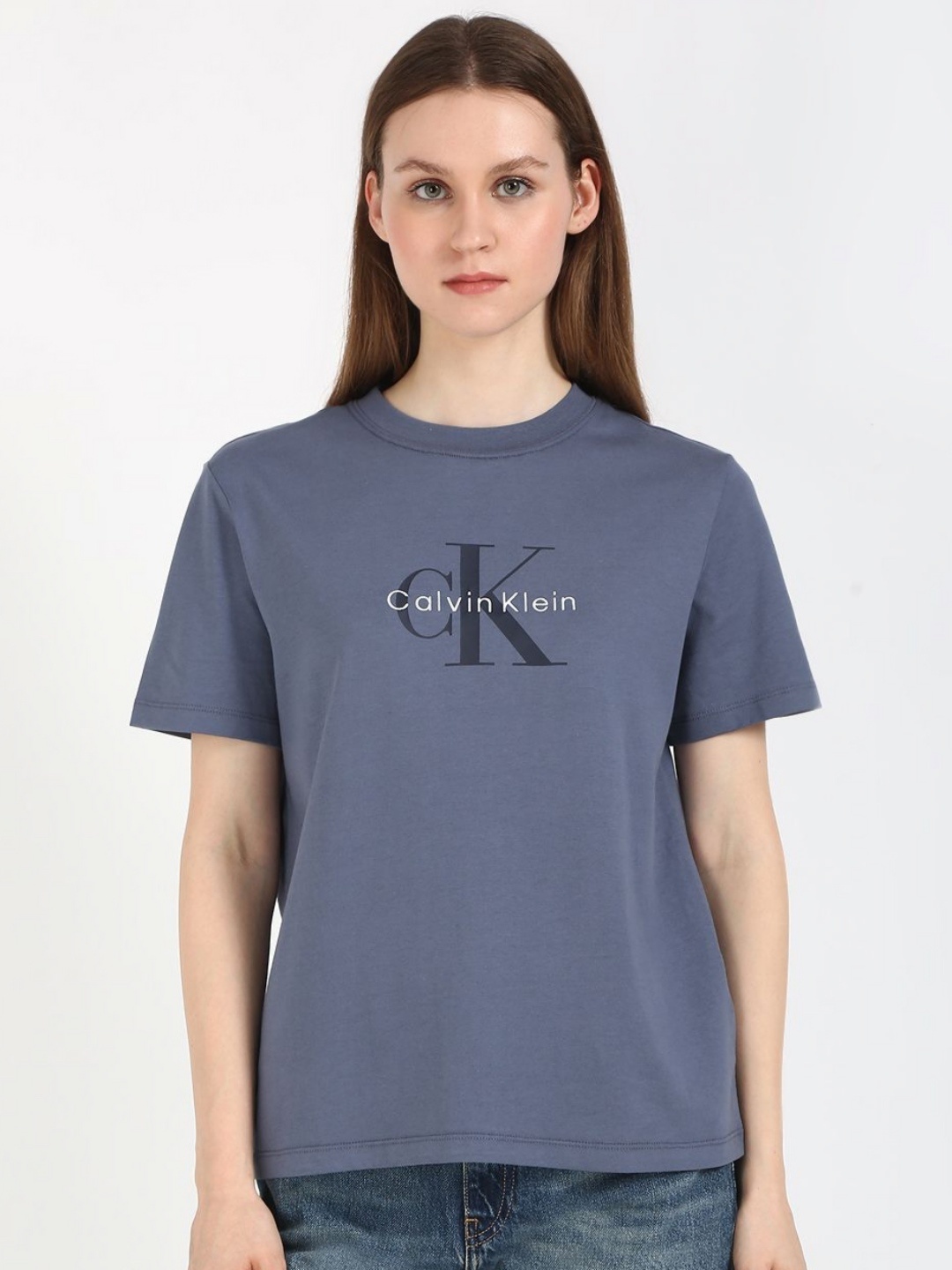 Calvin Klein Jeans Women Typography Printed Round Neck Cotton T-shirt, Blue