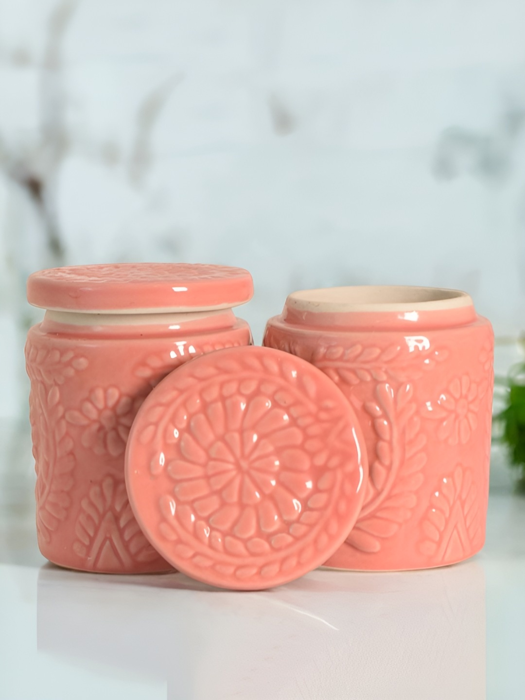 

The Decor Lane Pink & Beige 2 Pieces Textured Ceramic Containers 500 ml