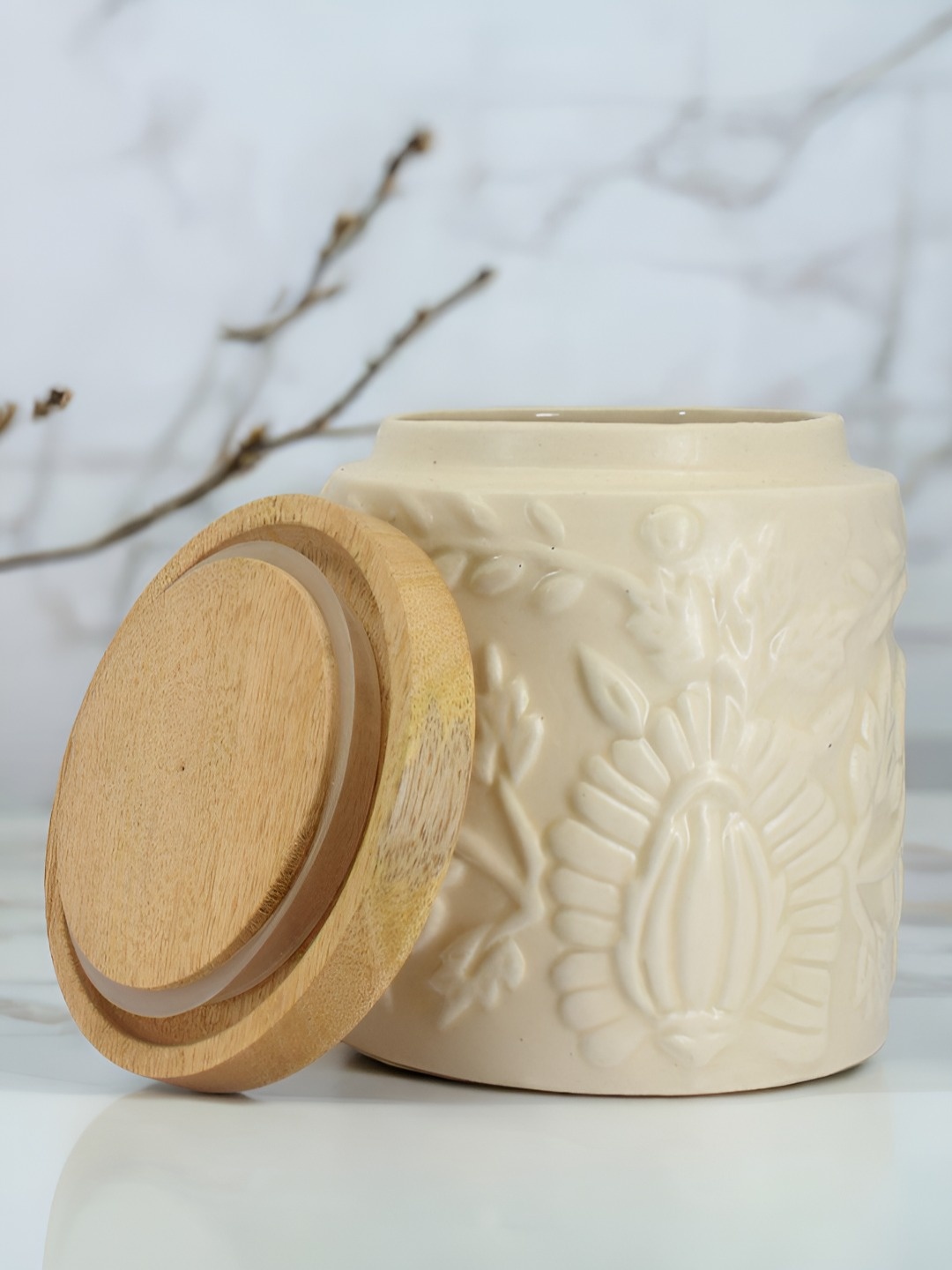 

The Decor Lane White Textured Ceramic Dishwasher Safe Container Jar 1Ltr