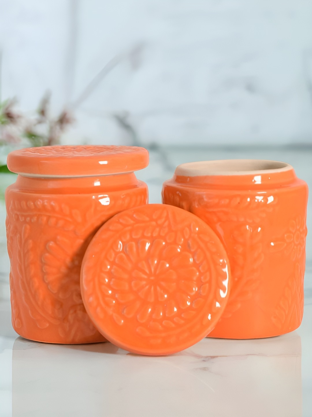 

The Decor Lane Orange & Beige 2 Pieces Textured Ceramic Containers 500 ml