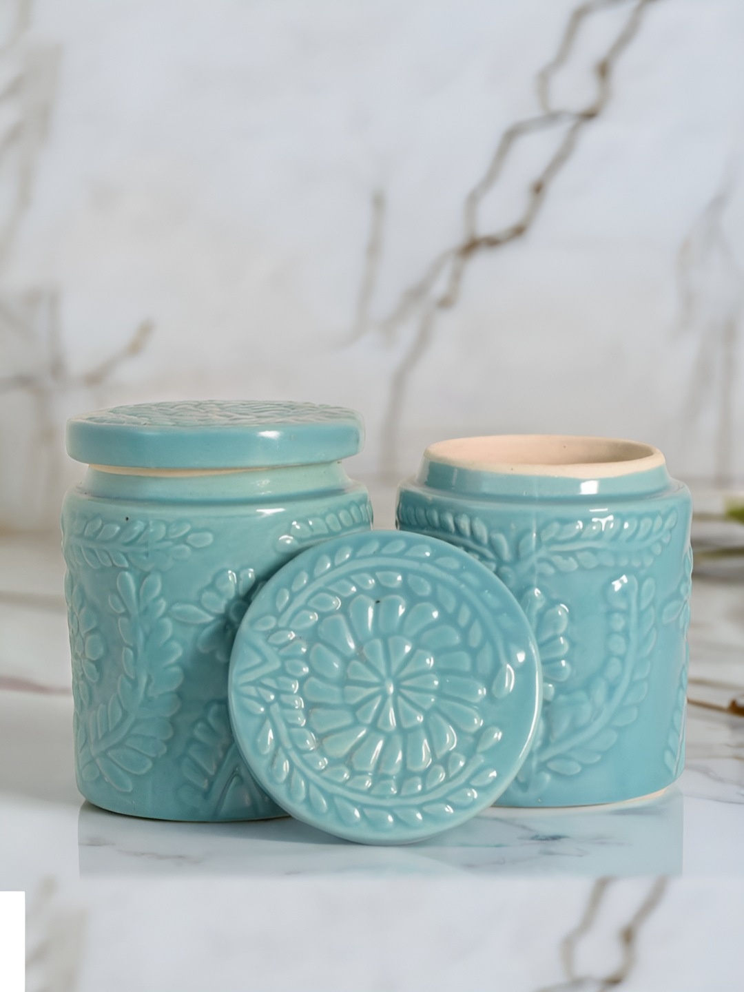 

The Decor Lane Turquoise Blue 2 Pcs Ceramic Microwave Safe Canister Containers 500ml