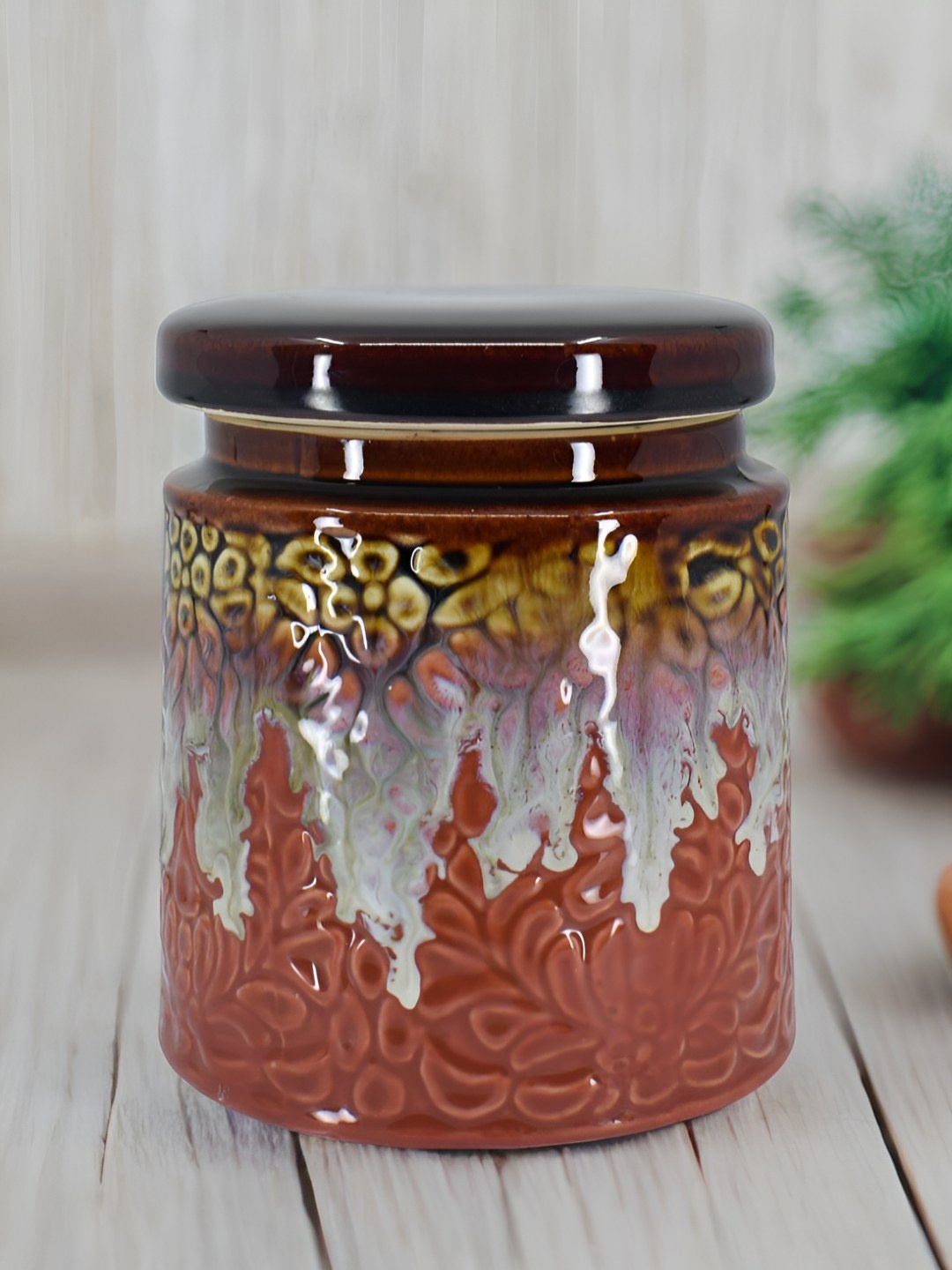 

The Decor Lane Brown & Gold Toned Printed Ceramic Microwave Safe Canister Container 1Ltr