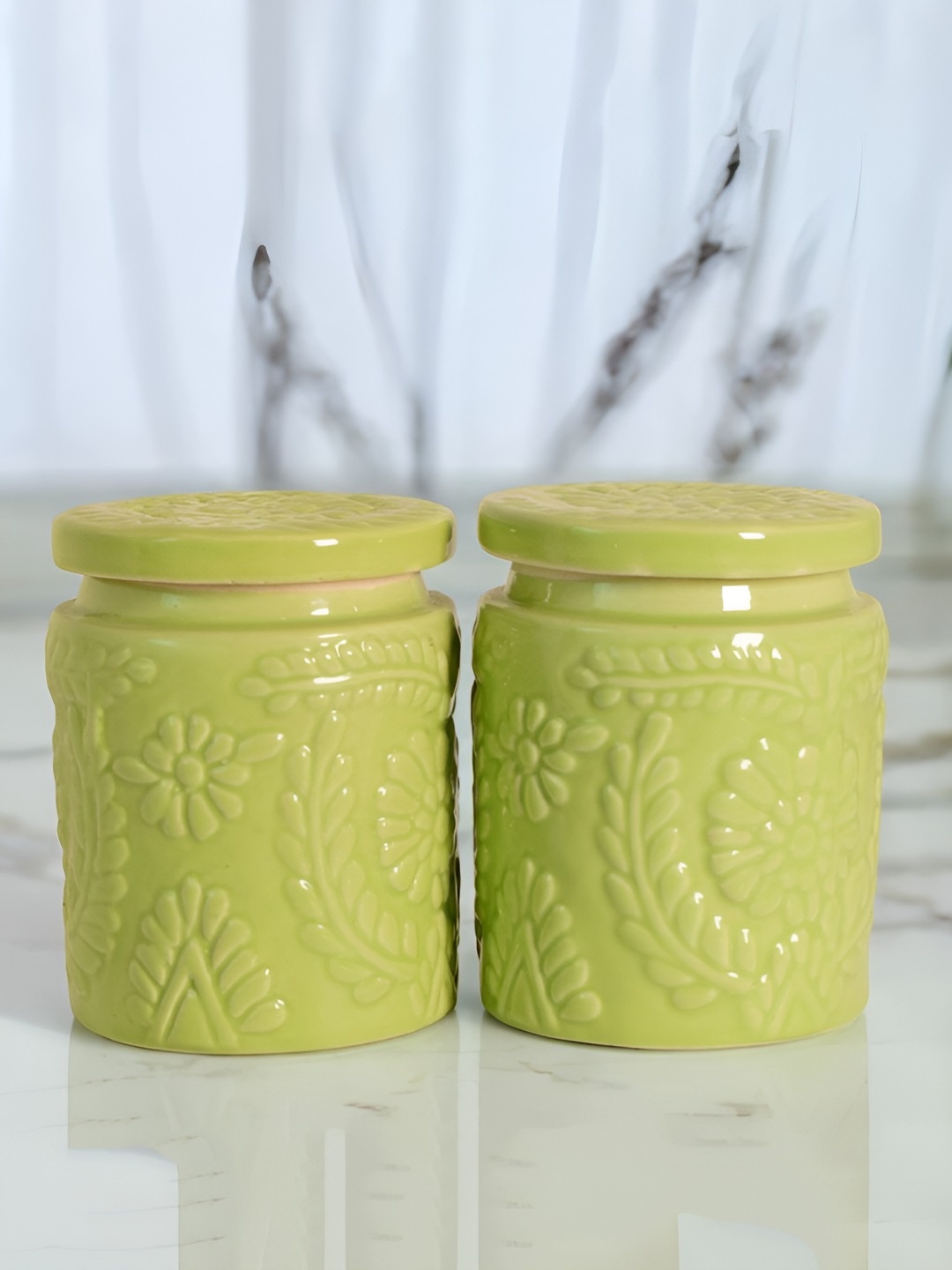 The Decor Lane Green 2 Pcs Ceramic Microwave Safe Canister Containers 500ml