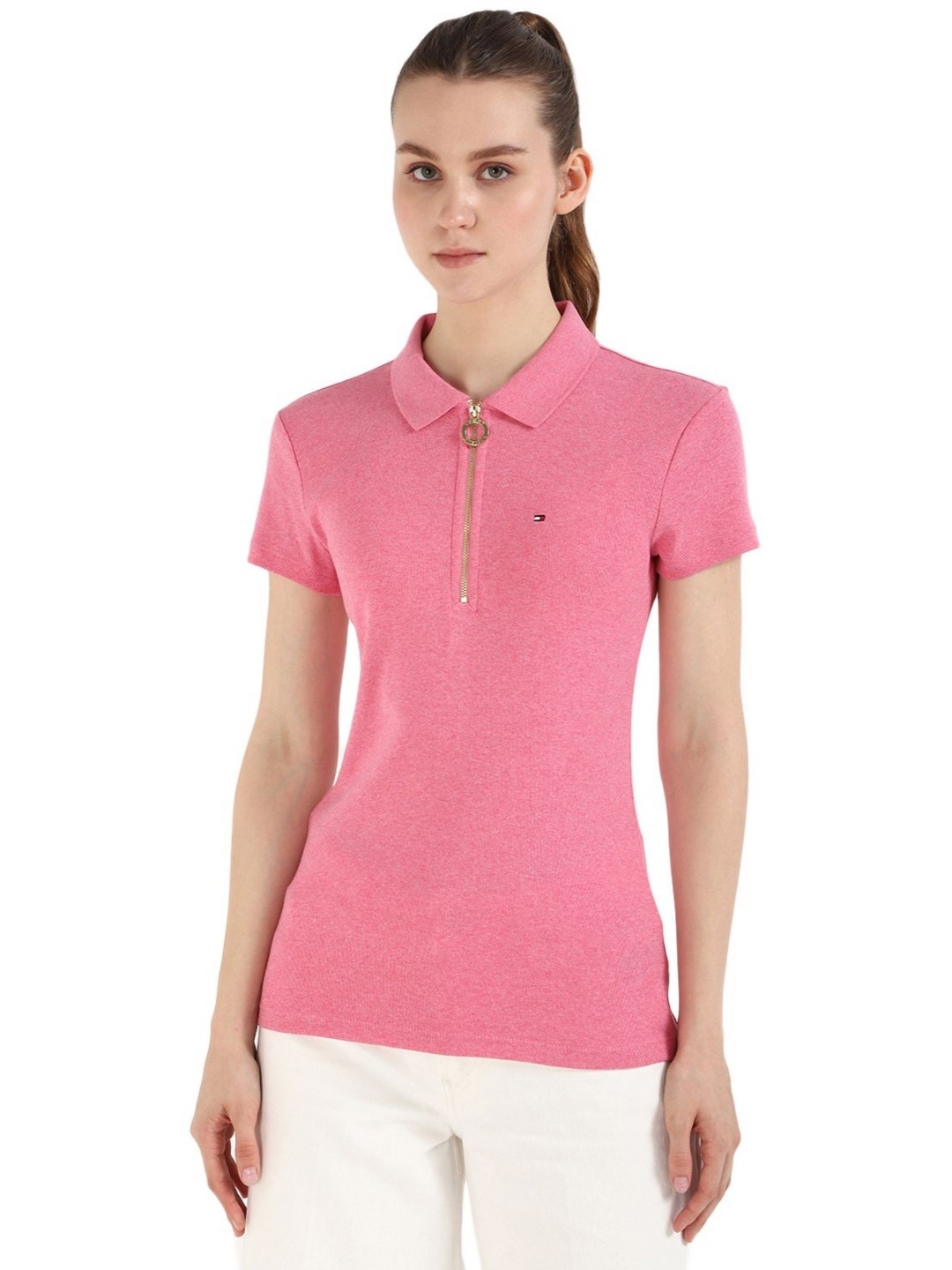 

Tommy Hilfiger Women MANGO Solid Polo Collar Cotton Slim Fit T-shirt, Pink