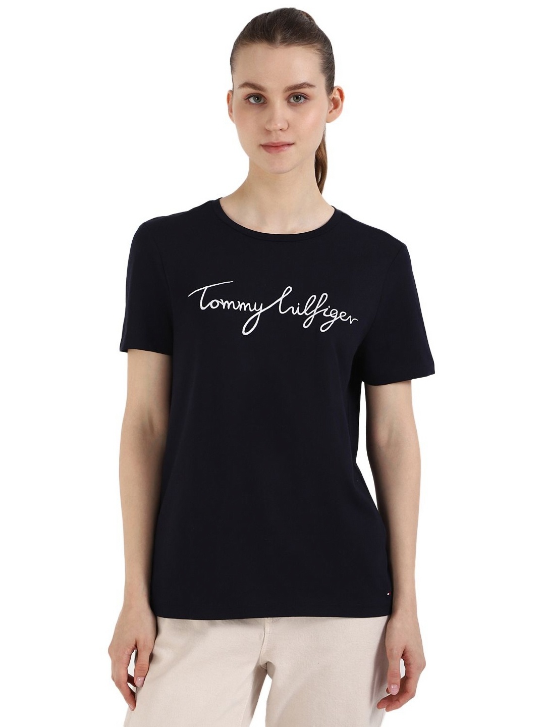 

Tommy Hilfiger Women Typography Printed Round Neck Cotton T-shirt, Navy blue
