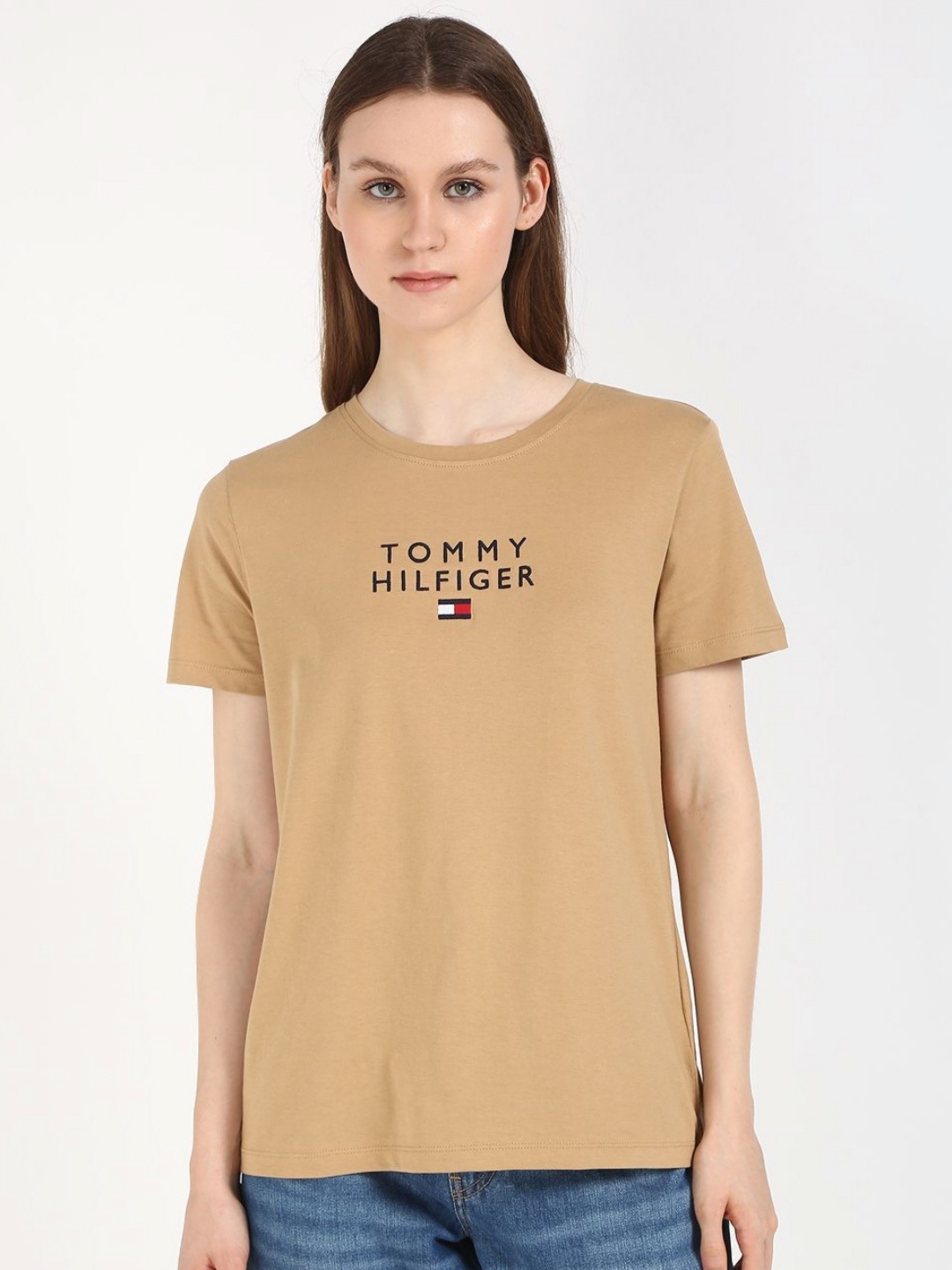 Tommy Hilfiger Women Typography Printed Round Neck Cotton T-shirt, Beige