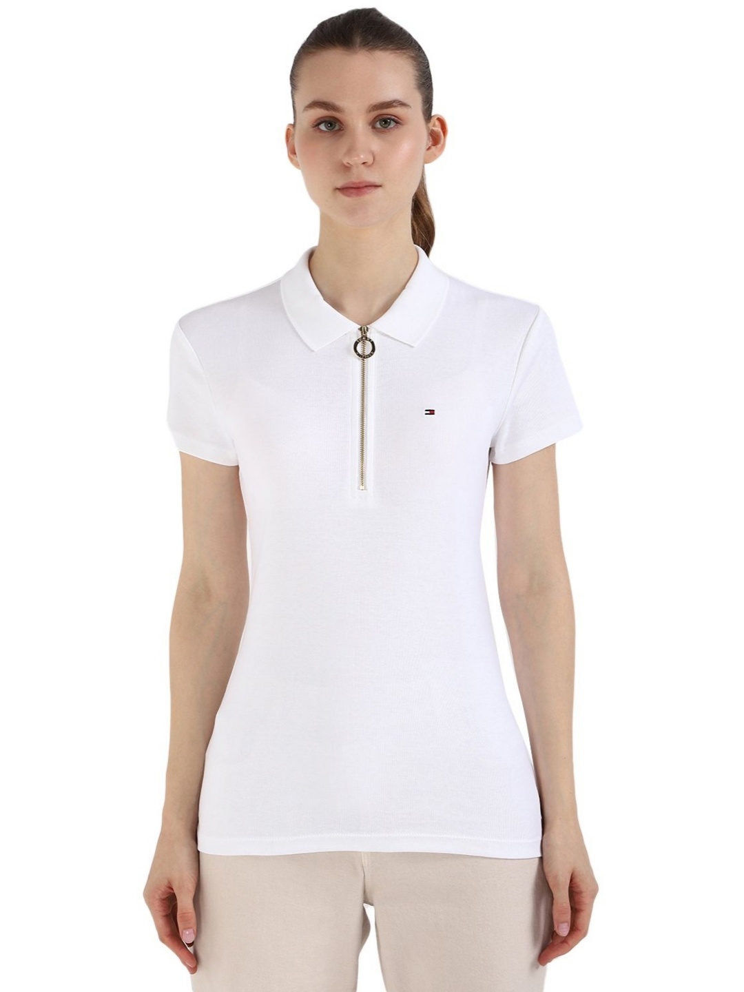 

Tommy Hilfiger Women Solid Polo Collar Cotton Slim Fit T-shirt, White