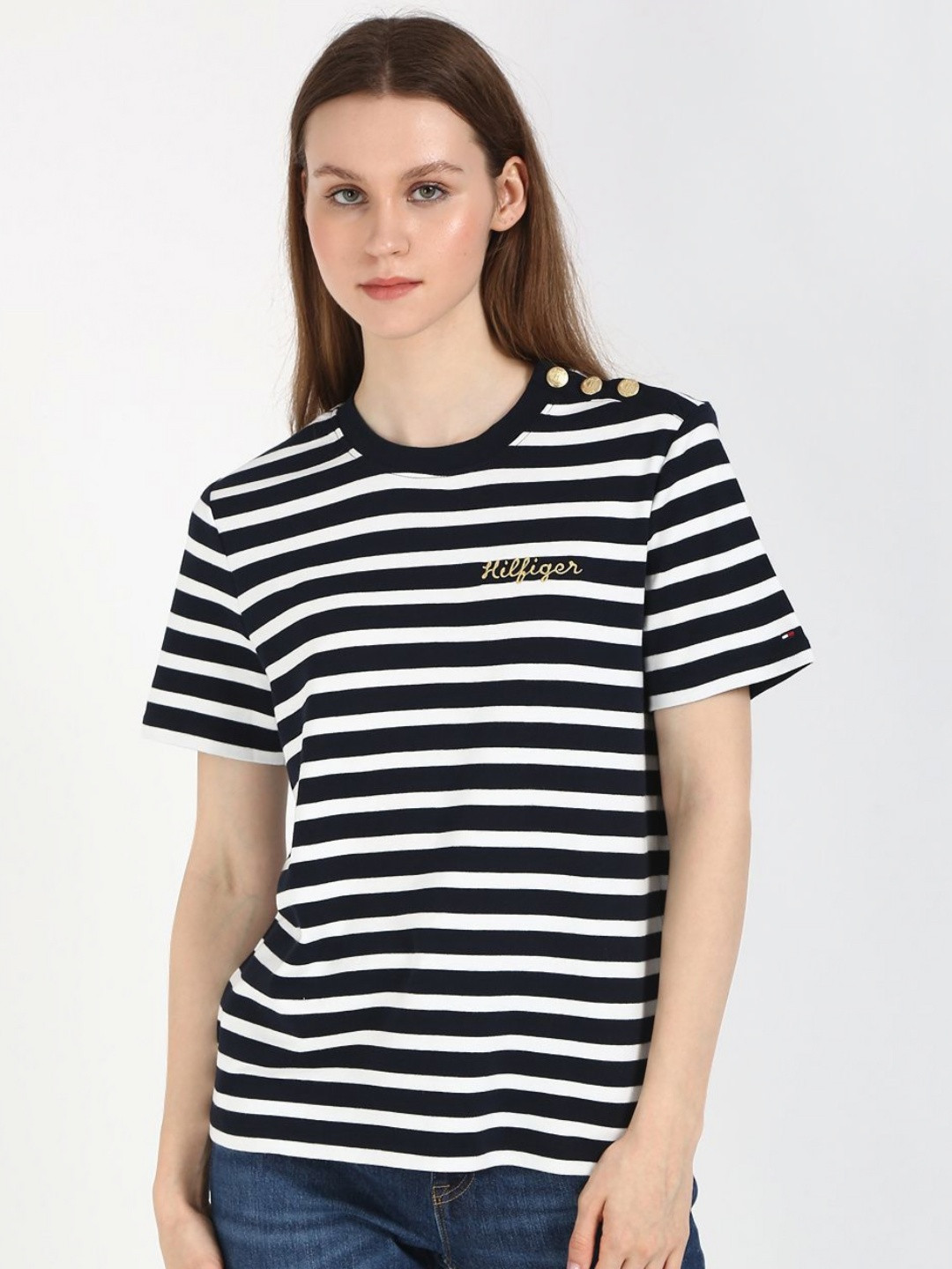 

Tommy Hilfiger Women Striped Round Neck Cotton T-shirt, Navy blue