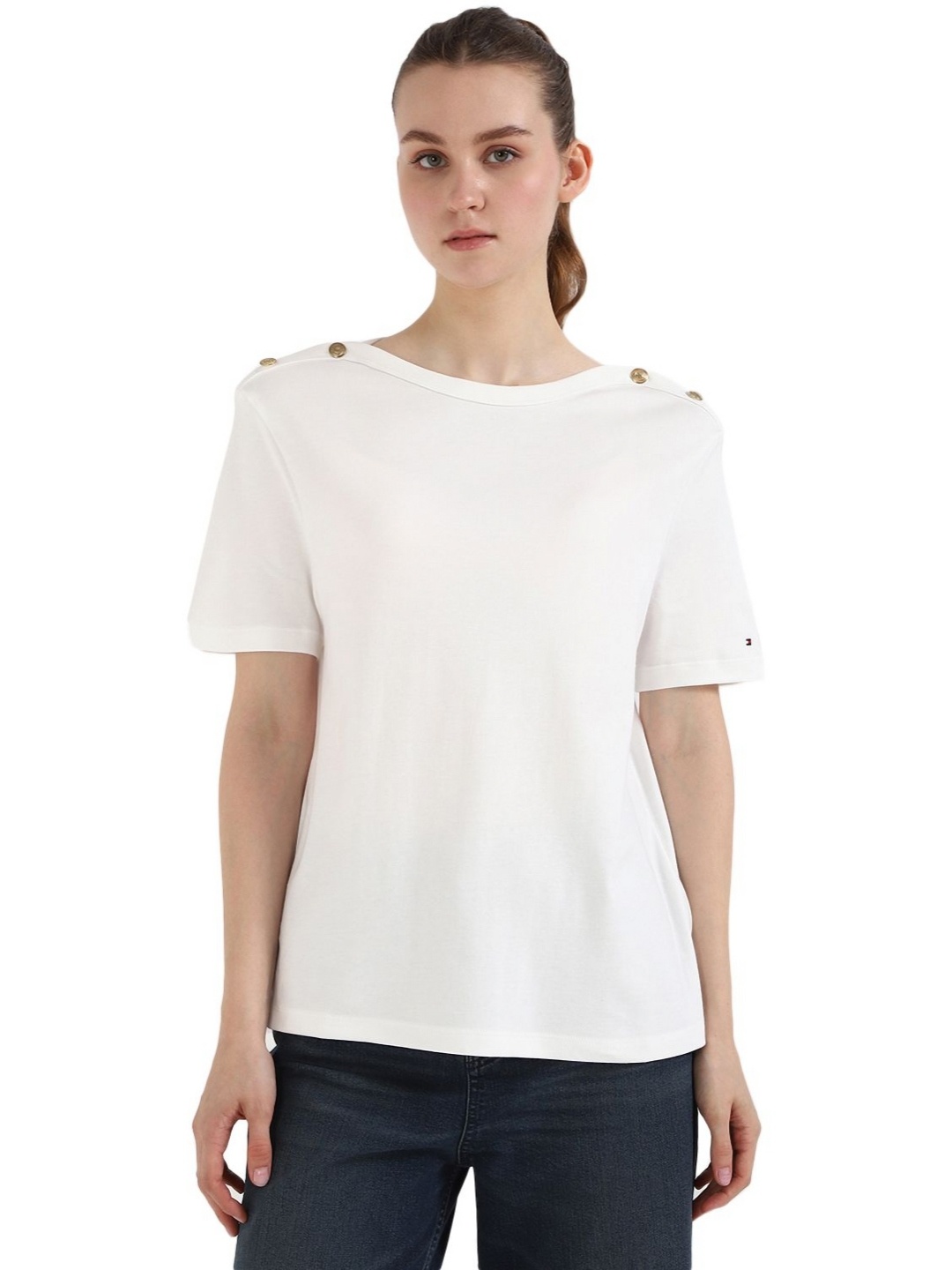 

Tommy Hilfiger Women Solid Round Neck Cotton T-shirt, Off white