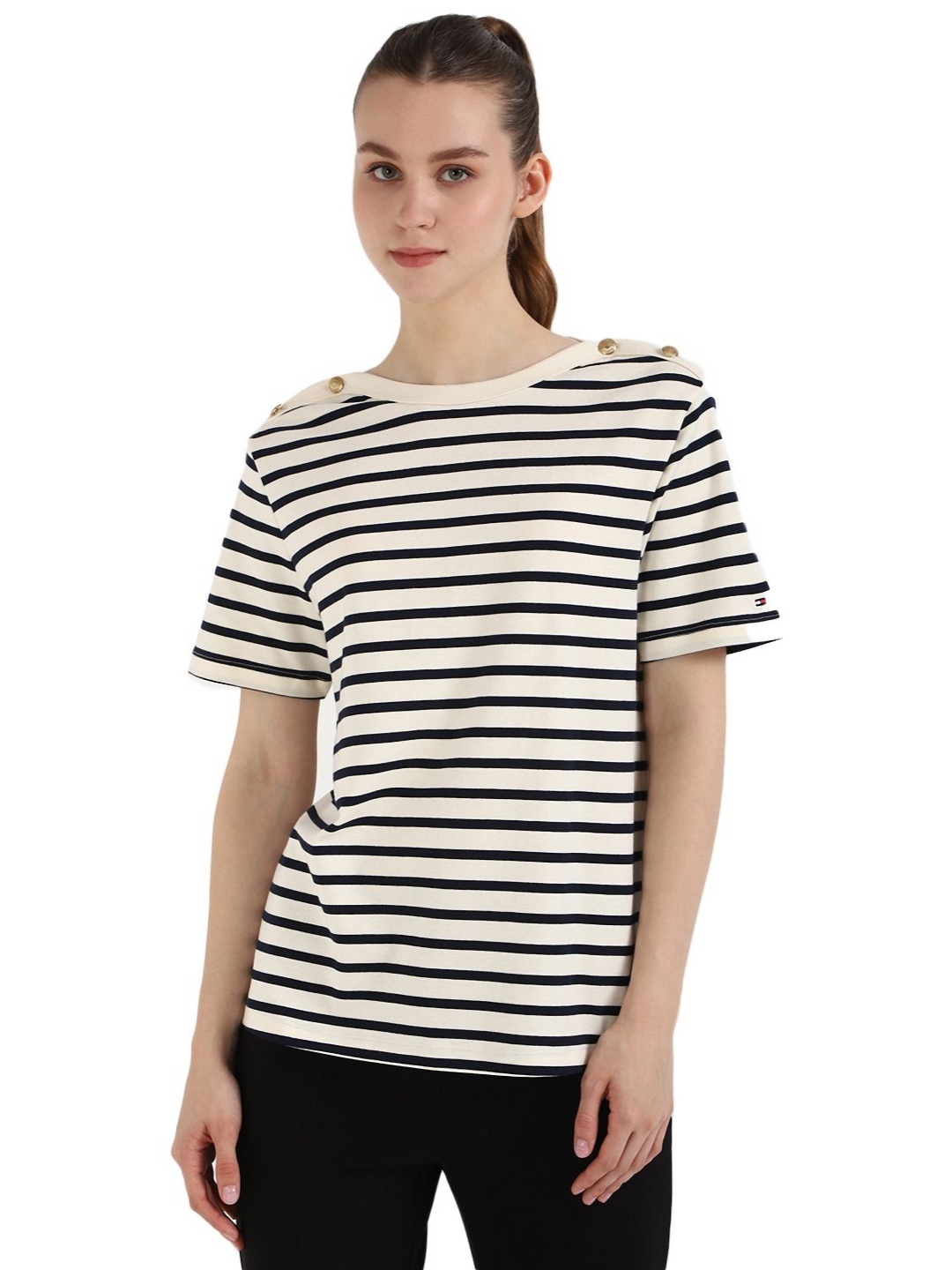 

Tommy Hilfiger Women Striped Round Neck Cotton T-shirt, Beige