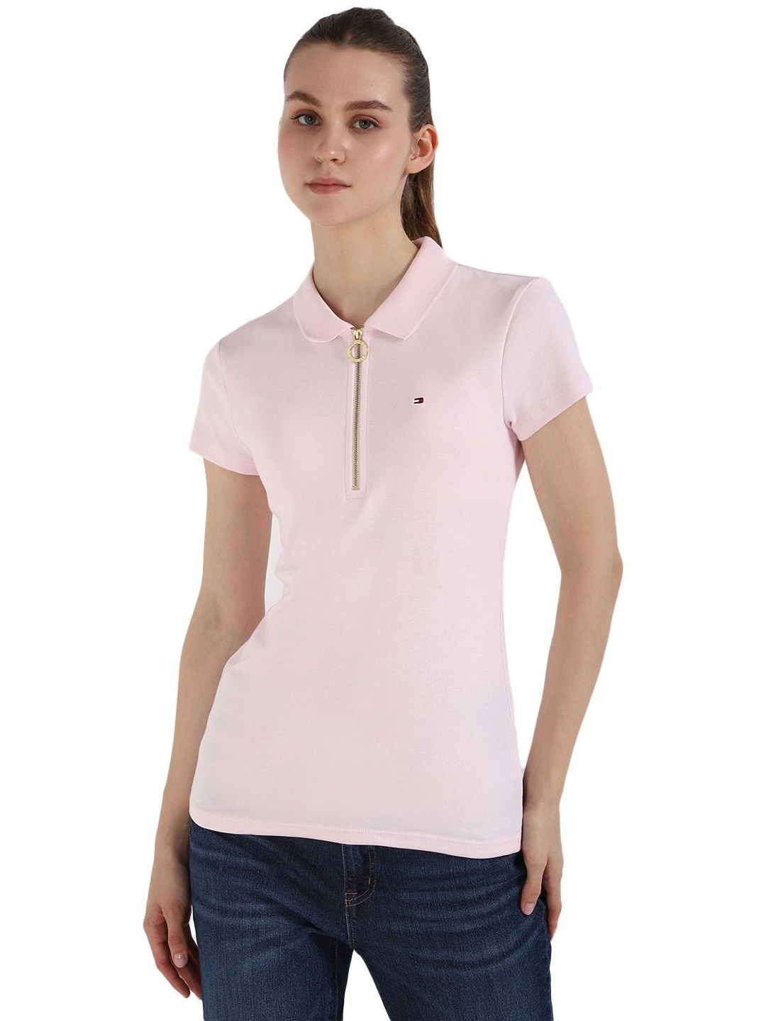 

Tommy Hilfiger Women MANGO Solid Polo Collar Cotton Slim Fit T-shirt, Pink